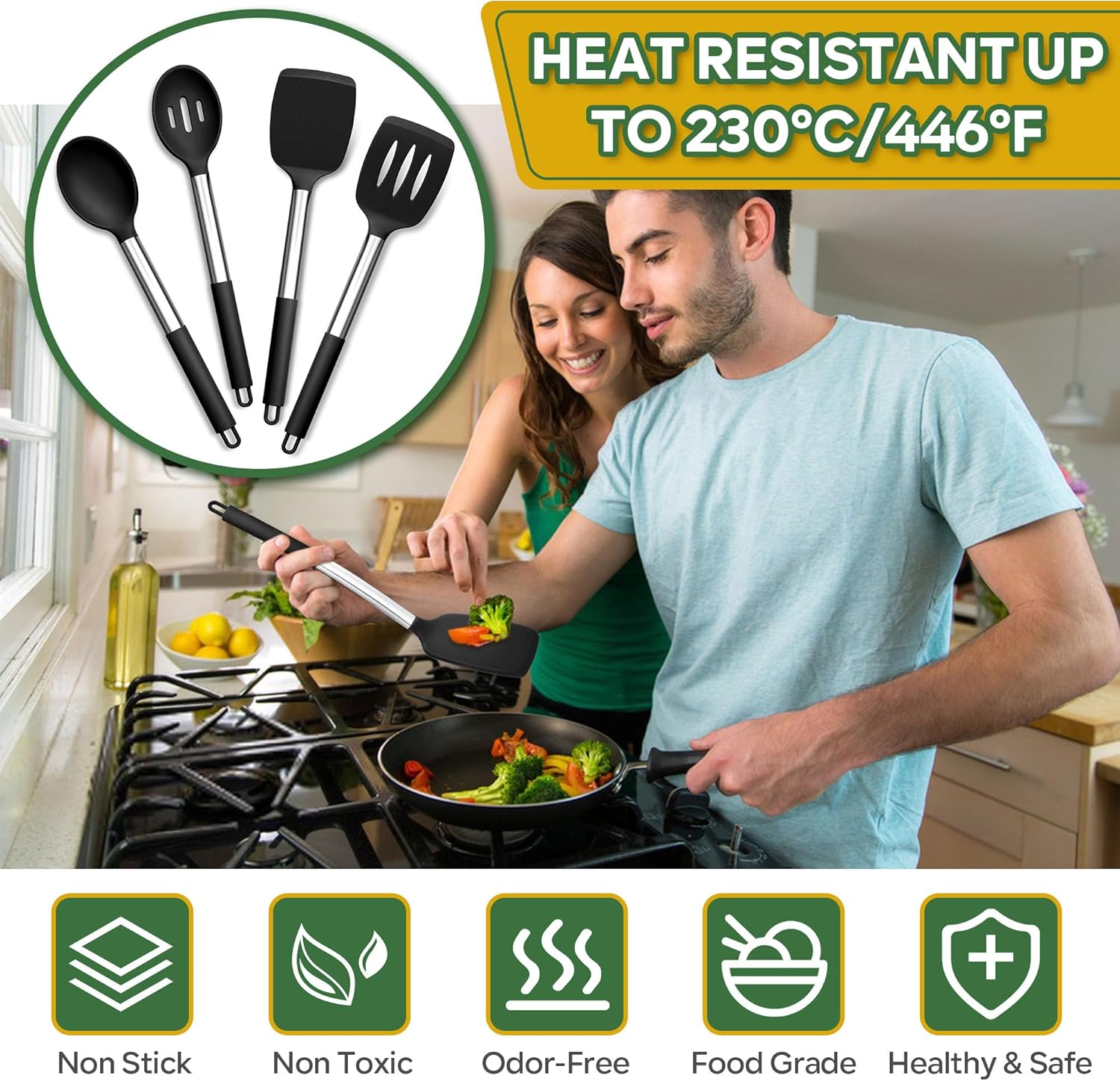 Kitchen Utensils Set, Joyfair 4 Pcs Silicone Cooking Utensils Set, Non Stick Spatula Turner Spoon Cookware Set Ideal for Cooking Mixing Serving Frying Stirring, Heat Resistant & Dishwasher Safe, Black 4 81a6eNWrX4L. AC SL1500