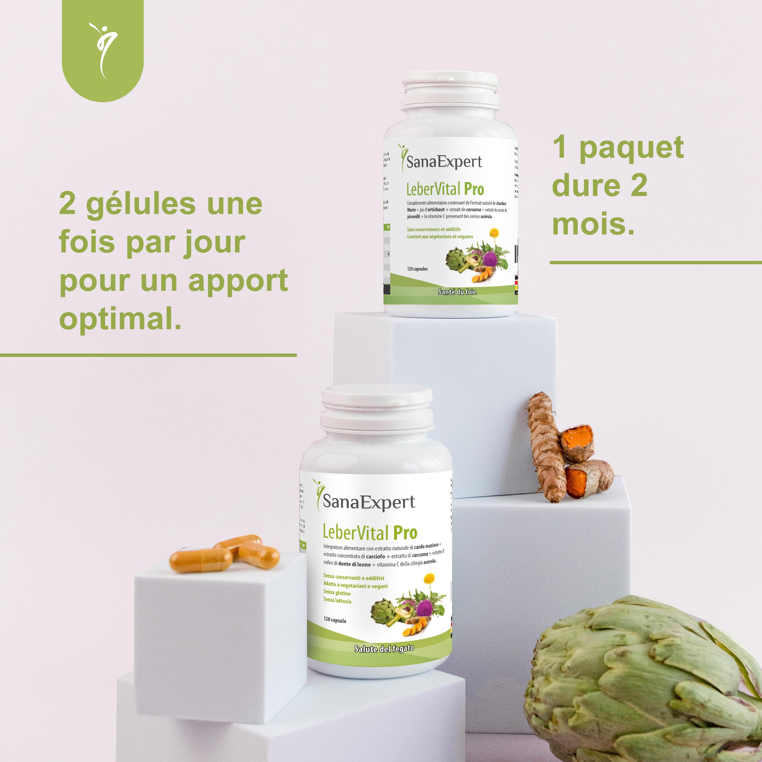 SanaExpert LeberVital Pro | Chardon-Marie titré à 70% de silymarine, Curcuma, Artichaut, Pissenlit & Vitamine C (acérola) | 120 gélules vegan, sans gluten ni lactose | Fabriqué en Allemagne