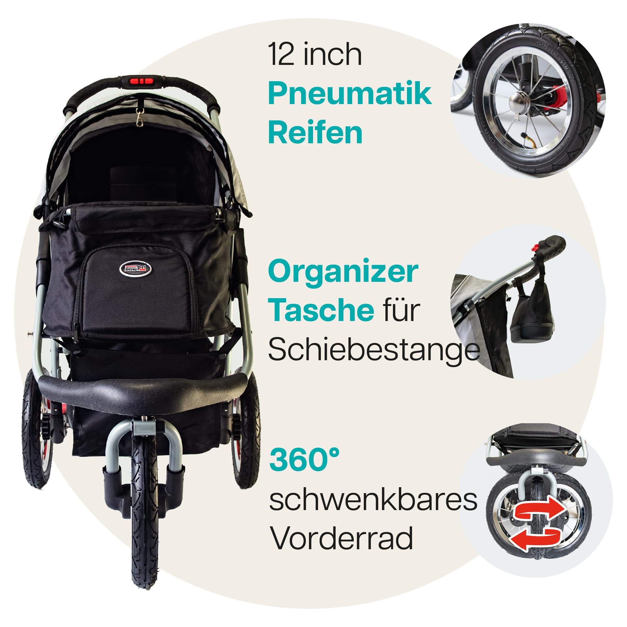 Hundebuggy Innopet Comfort Air Eco Schwarz/Silber – Hundewagen Katzenwagen mit 30cm Luftreifen, einhändig faltbar, für Waldwege geeignet – reflektierende Streifen, Organizer Vorderrad fixierbar