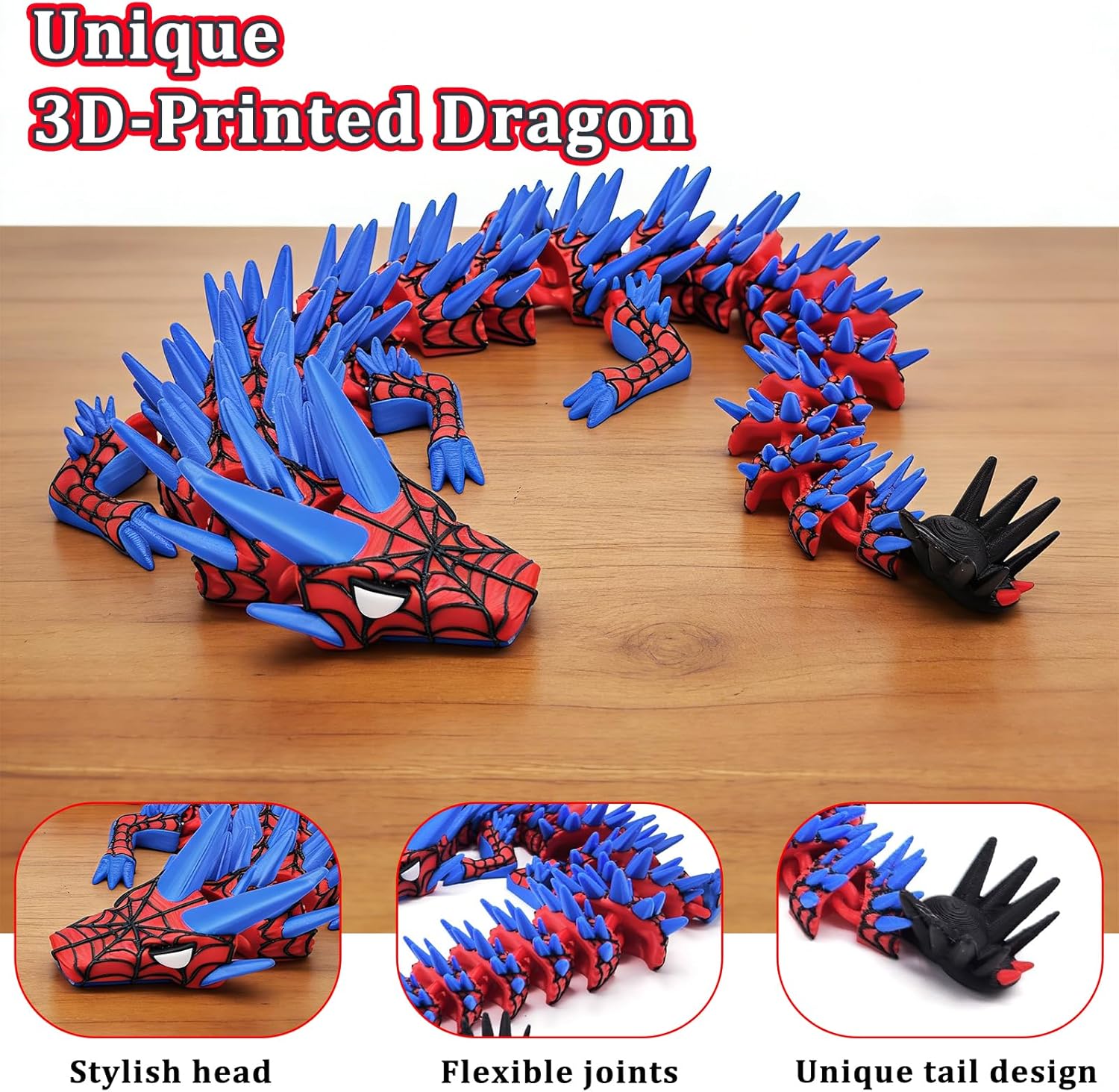 3D Printed Dragon,3D Printed Dragon Model,Flexible Articulated 3D Dragon Fidget Toy,Unique 3D Printed Animals Gift and Desktop Decoration (Blue-10 inch).
