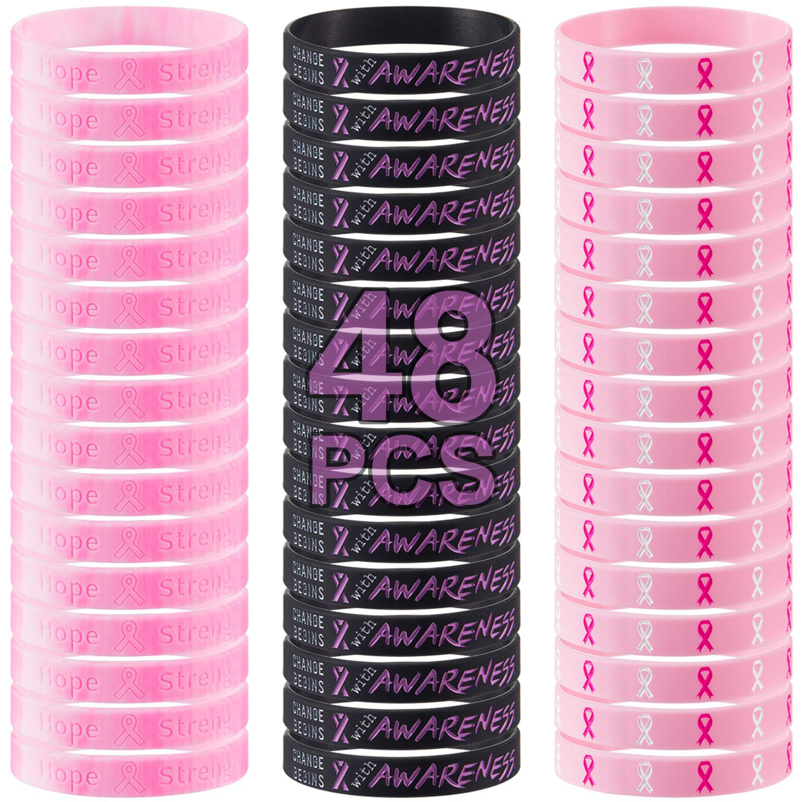 Biubee 48Pcs Breast Cancer Awareness Accessories Bracelets - Pink Ribbon Silicone Courage Wristbands for Breast Cancer Awareness Party Supplies Favors Women Survivor Gifts