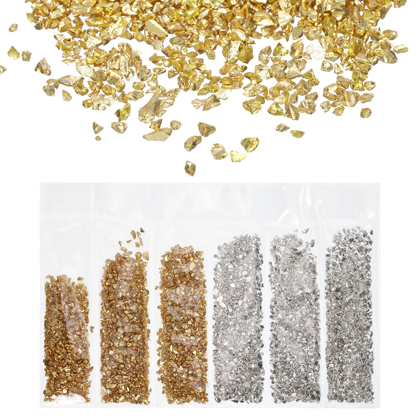 uxcell 6 Colors Crushed Glass Glitters 2-4mm Irregular Chips Sequins, Metallic Chunky Glitters Stones for Resin Art, Nail Craft (Gold Silver, 1.06 oz/ 30g)