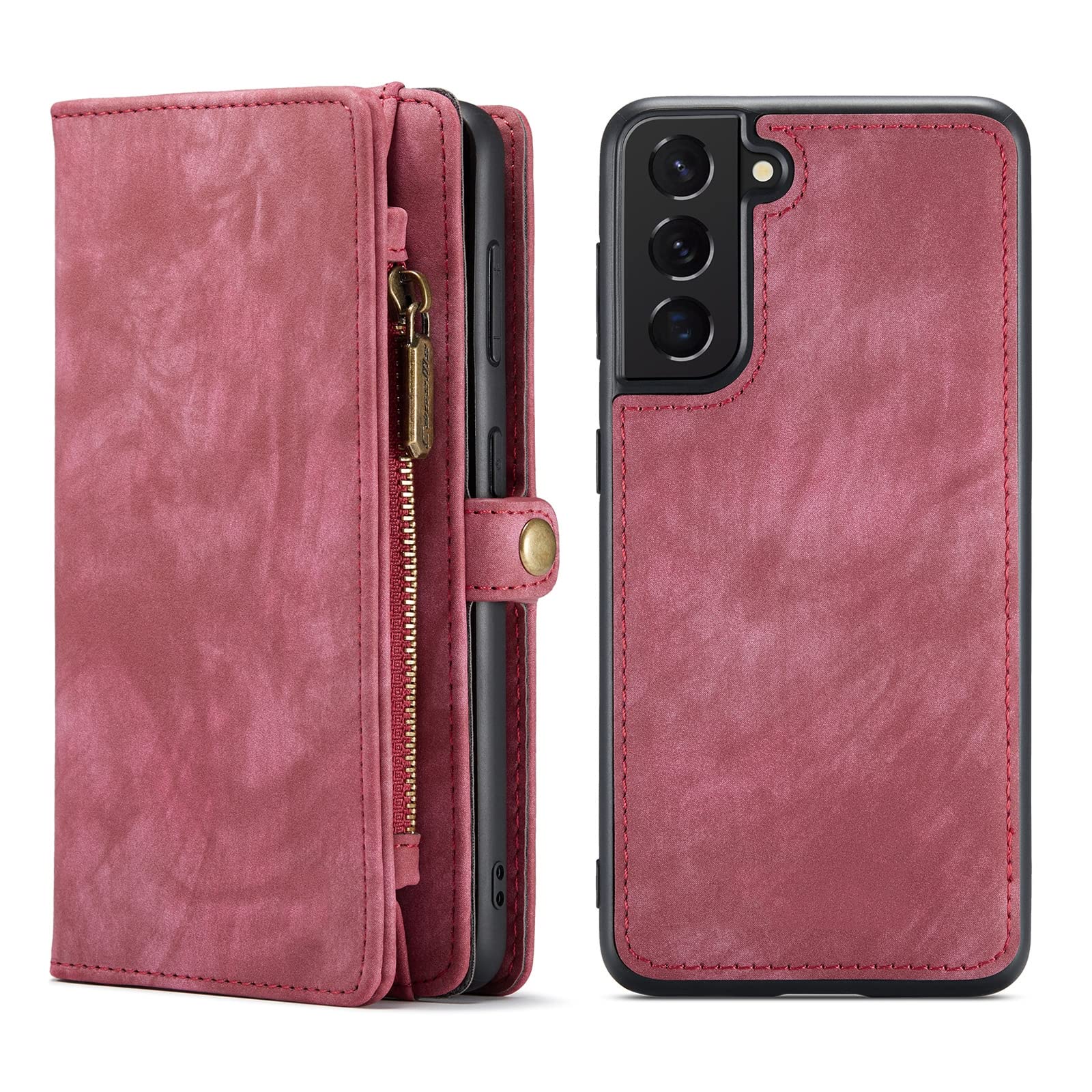 Etui do Samsung Galaxy S22/S22 Plus/S22 Ultra, etui ze skóry PU magnetyczne z klapką, zdejmowany pasek magnetyczny, zamek błyskawiczny, etui na karty, etui na telefon, czerwony, S22 6,1 cala
