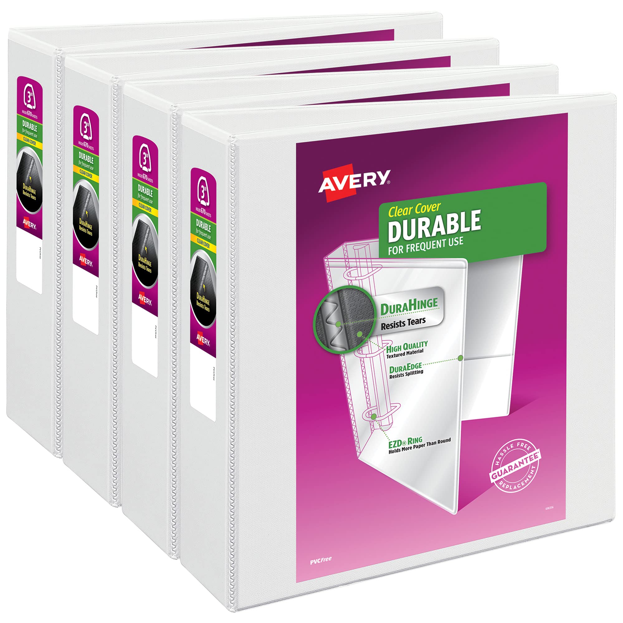 Avery Durable Clear View 3-Ringbinder, 7,6 cm Ringbinder, 4 weiße Ordner (09203)