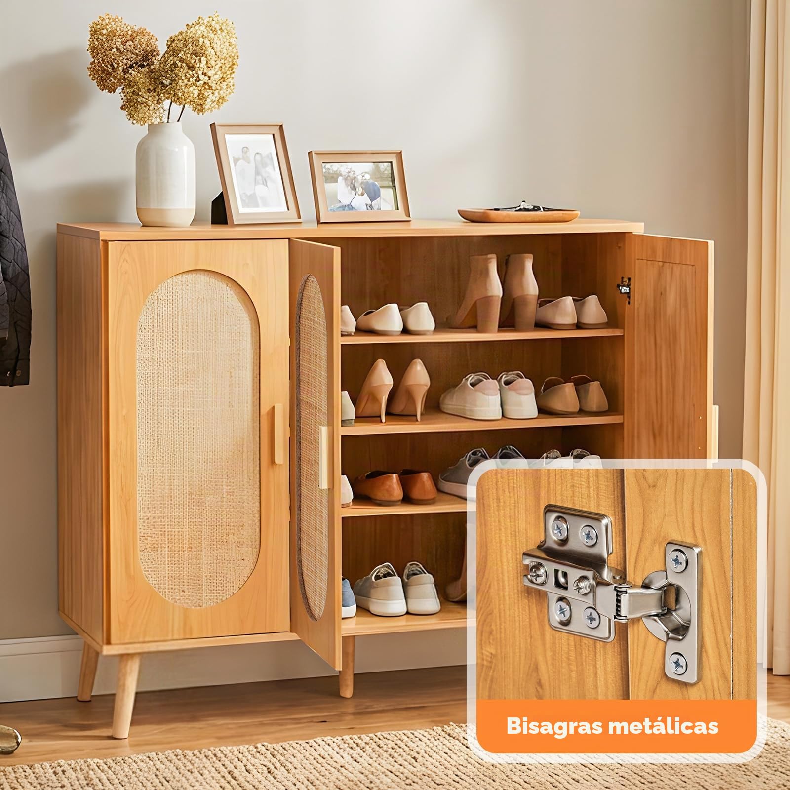 HOKEEPER Armario Zapatero de Ratán con 3 Puertas, Ideal para Recibidor o Entrada, Mueble Zapatero de Madera Estrecho, Veta de Madera