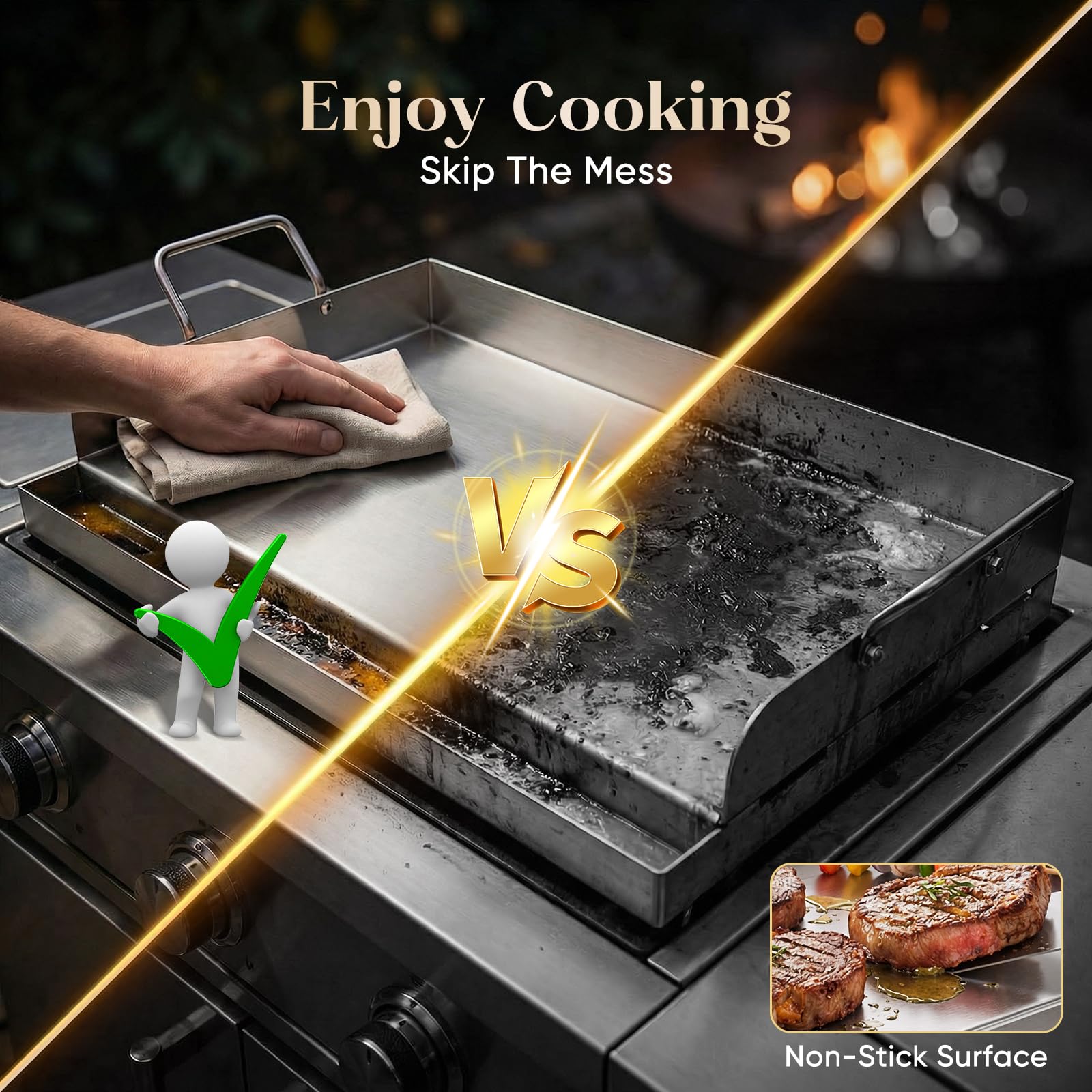 Piastra per barbecue in acciaio inox, 54 x 41 cm, grande piastra con 2 spatole, piastra per barbecue con manico rimovibile e canalina di raccolta grasso alta 3 cm, per barbecue a gas e