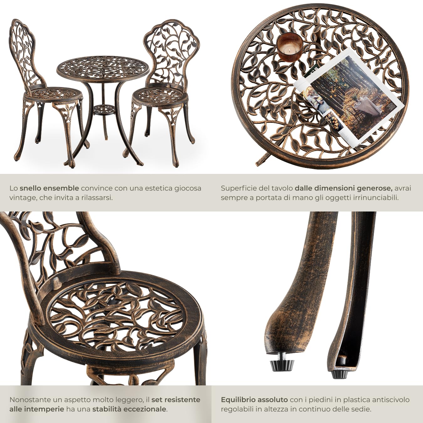 Tectake Bistrot Set per 2 Persone, Tavolo e Sedie da Giardino in Alluminio, Motivo Foglia Vintage