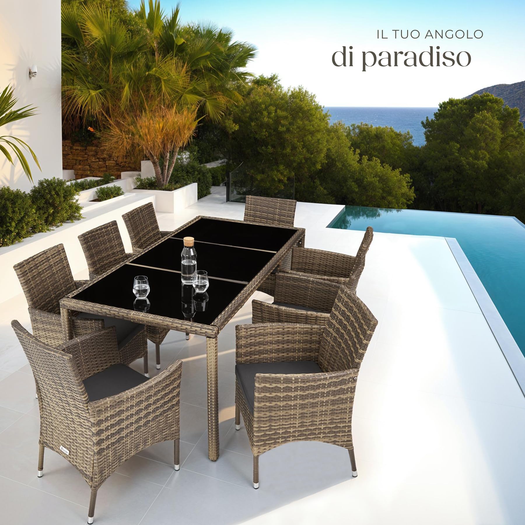 tectake® Set Mobili Giardino 8 Sedie 1 Tavolo Cuscini Morbidi Poli Rattan Naturale/Grigio Scuro