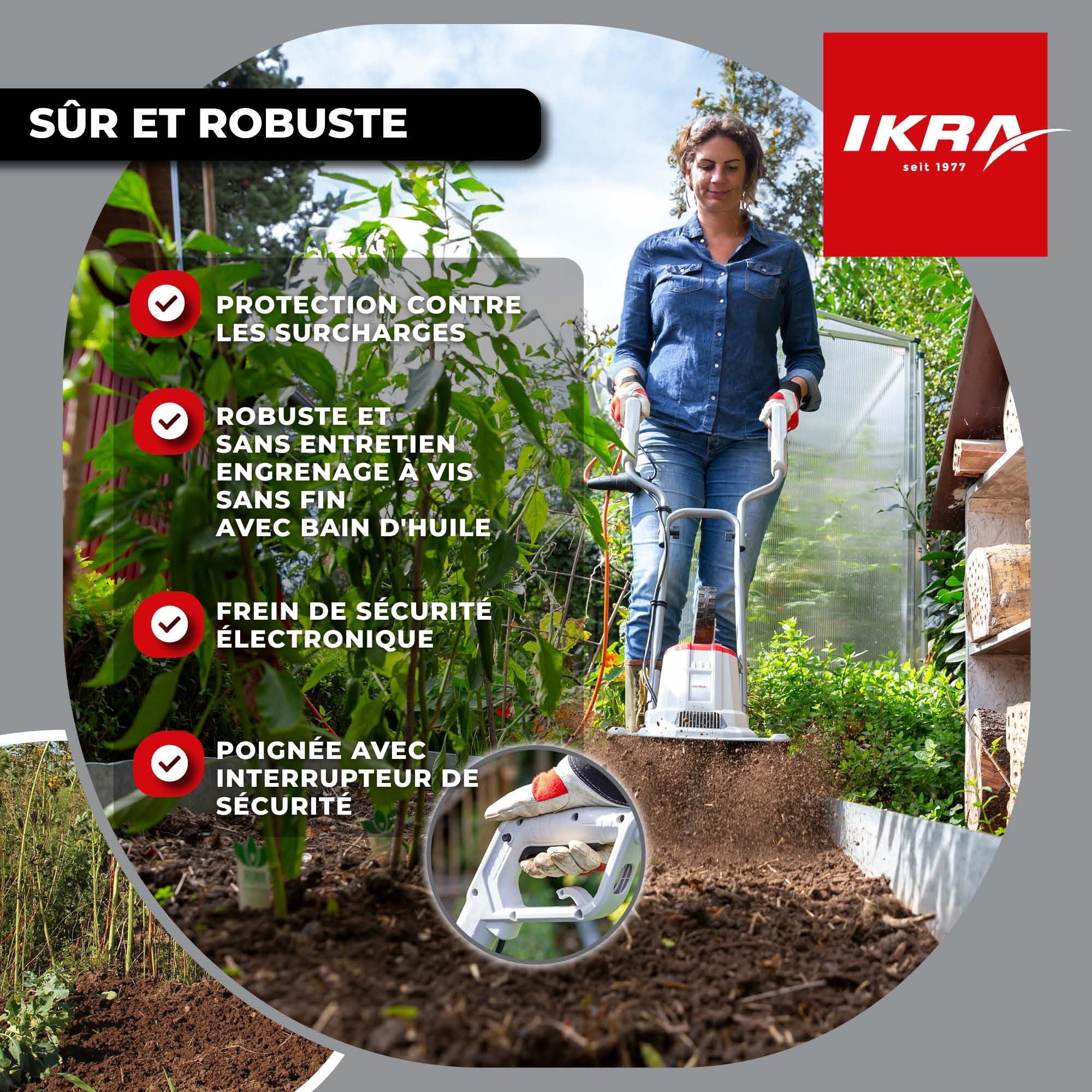 IKRA motoculteur électrique IET 1030, Largeur 30 cm, Profondeur 20 cm | 1080 W, talon de frein, roue de transport, pliable pour un rangement peu encombrant, protection contre les surcharges