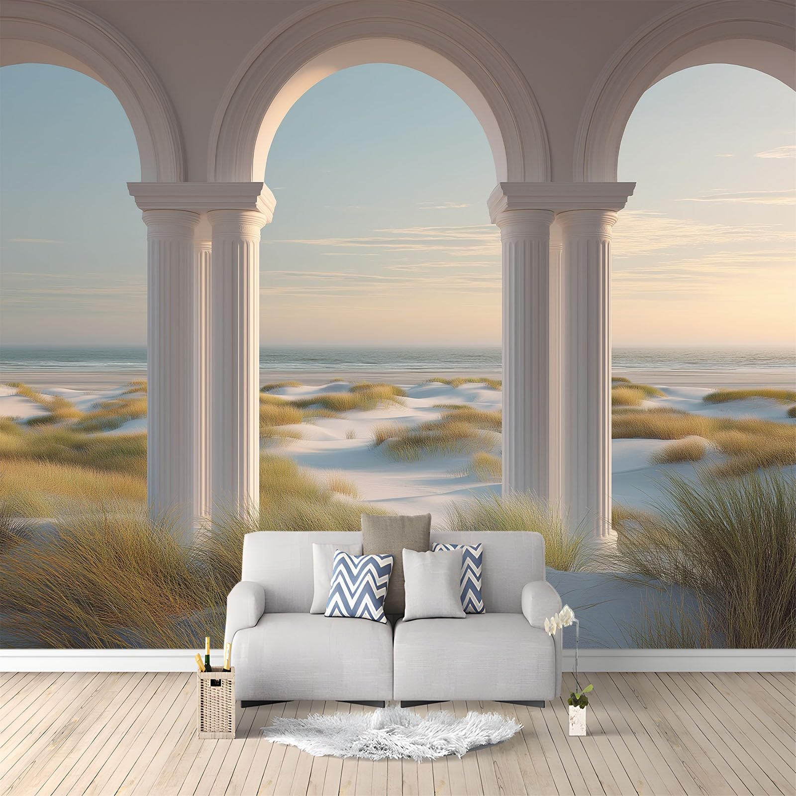 Papier peint panoramique pour agrandir un salon avec l'effet arche 3D
