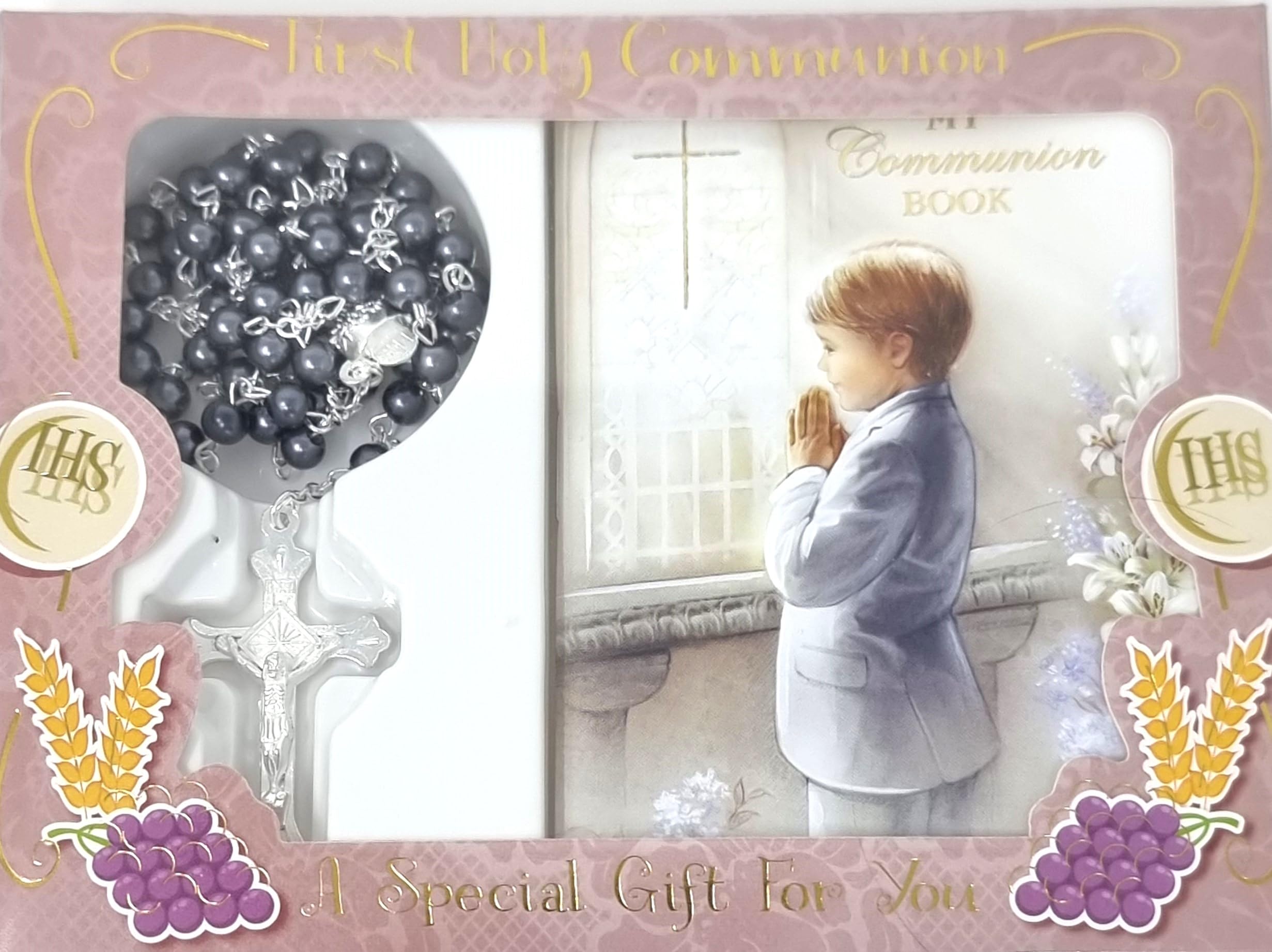 Celebrationgiftsforall Boys Mixed First Holy Communion Prayer Book, Hematite Coloured Rosary And Prayer Card All Gift-Boxed