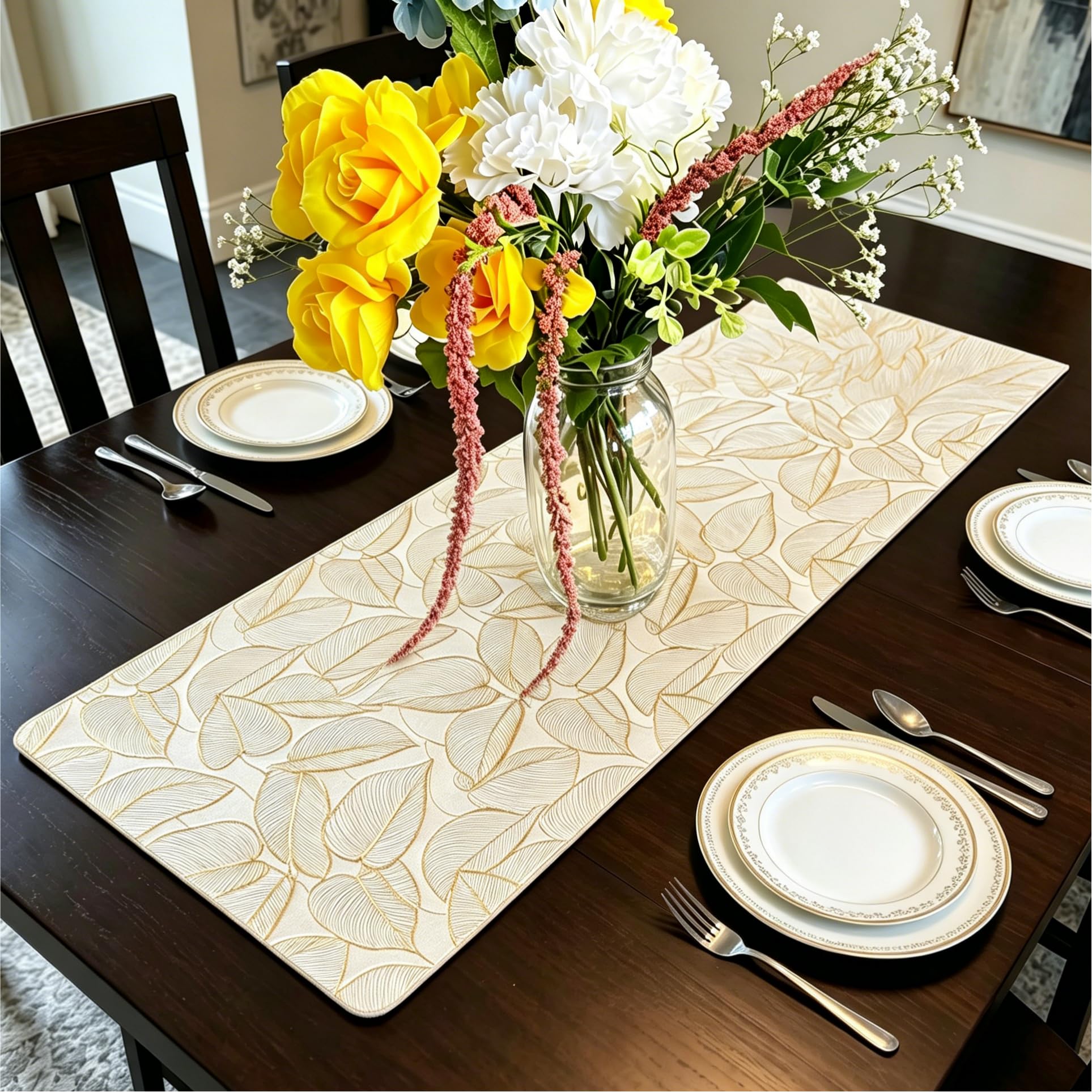 FAVE 100% Waterproof Gold Table Runner, Leaf, 35" x 13.7", Non-Slip