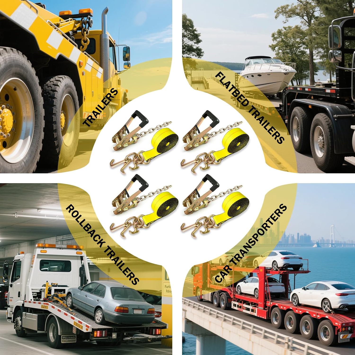 4PCs Towing Recovery Winch Strap w/RTJ Cluster Hook 2" x12', with 4PCs Ratchet Chain Tail, 10000LBS Recovery Towing Truck Straps, Towing Truck Car Trailer Winch Wrecker Tie Down Straps