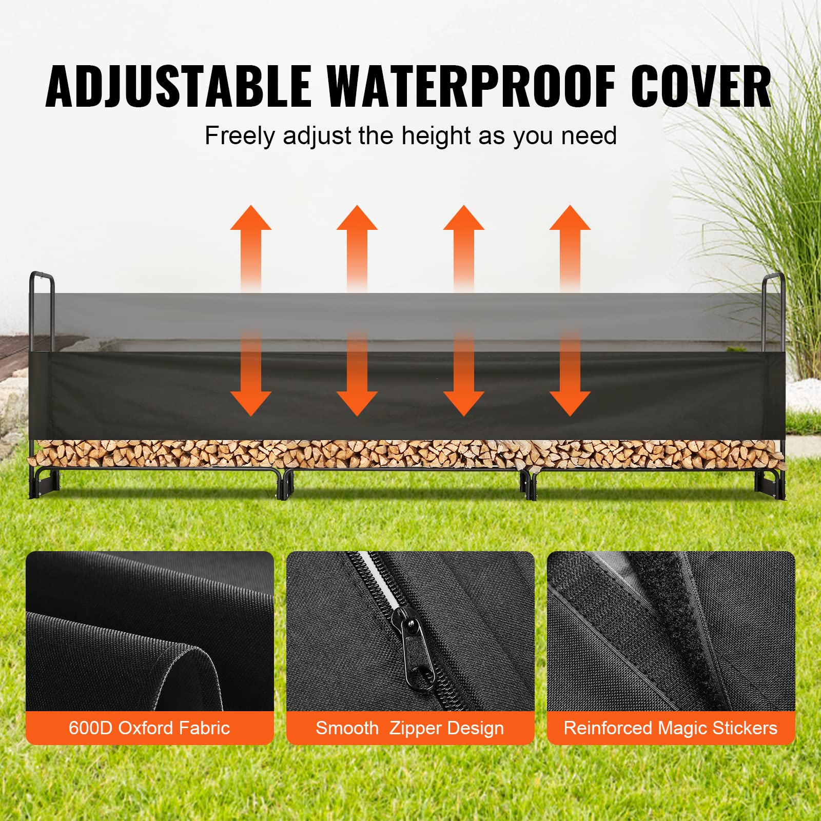 VEVOR Estante de Almacenamiento de Leña 386x36x117 cm Marco de Acero Soporte de Leña con Funda Impermeable 600D Oxford Leñero para Chimenea para 3/4 Cuerda de Leña Carga de 400 kg para Jardín Terraza