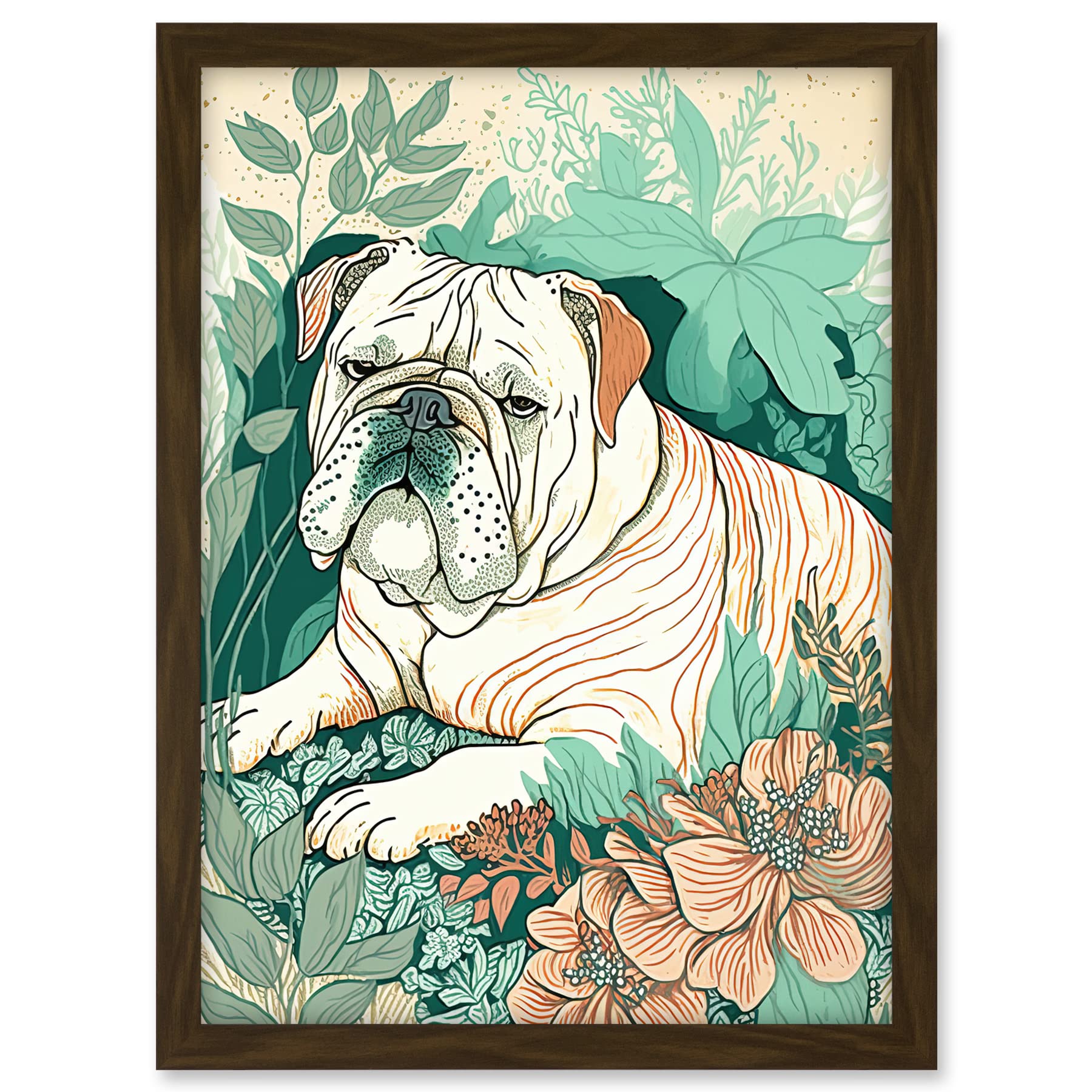 Artery8 Bulldog Lying in a Flower Field Modern Pastel Colour Linocut Illustration Artwork Framed A3 Wall Art Print