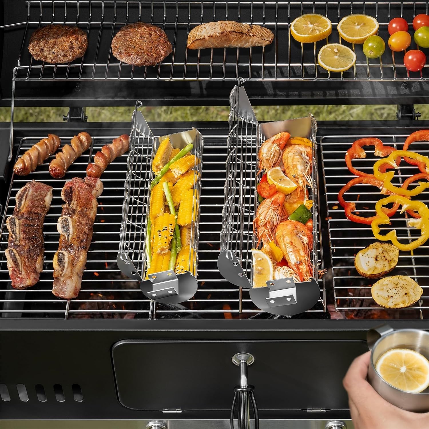 SHIZZO Rollgrillkorb, Stabiler Zylindergrill, Lebensmittelechter Edelstahl, Großer Tragbarer Grillnetzständer Für Camping Im Freien, Kochgriller Für Fisch, 2Er-Set
