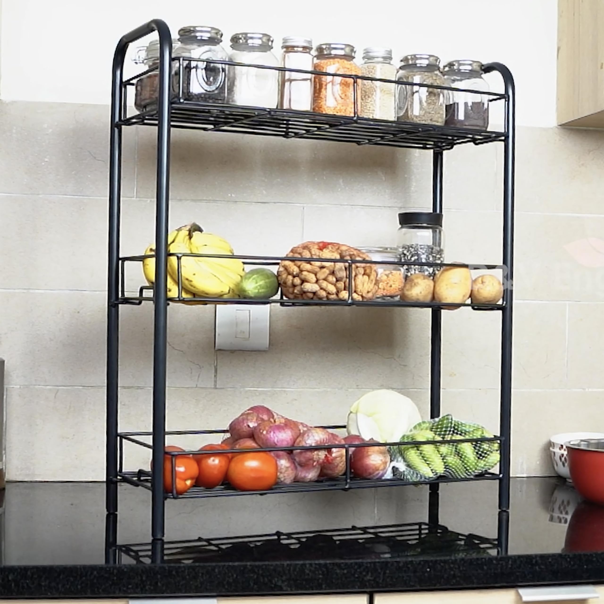 D&V Engineering 3-Tier Kitchen Storage Organizer | Spice Rack | Corner Shelf for Countertop or Floor Use | Multipurpose Pantry Rack | Easy to Assemble, No Tools Required - Black