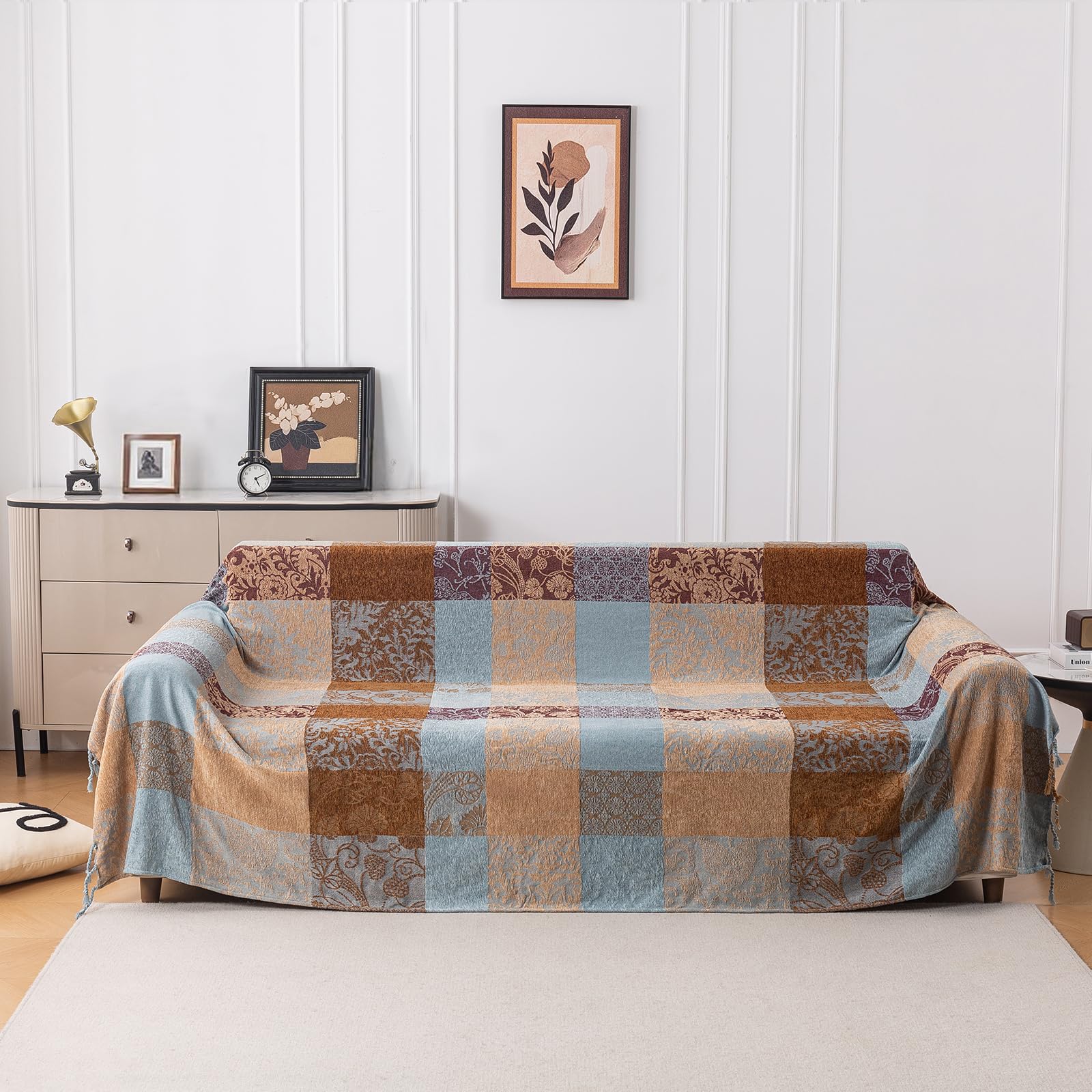 Edcooy Boho Chenille Throw Blanket, Bohemian Jacquard Tassels Cover for Couch Bed, Decorative Sofa Slipcover Protector - Colorful Tribal Pattern (Vintage, 220x260CM) — image 1