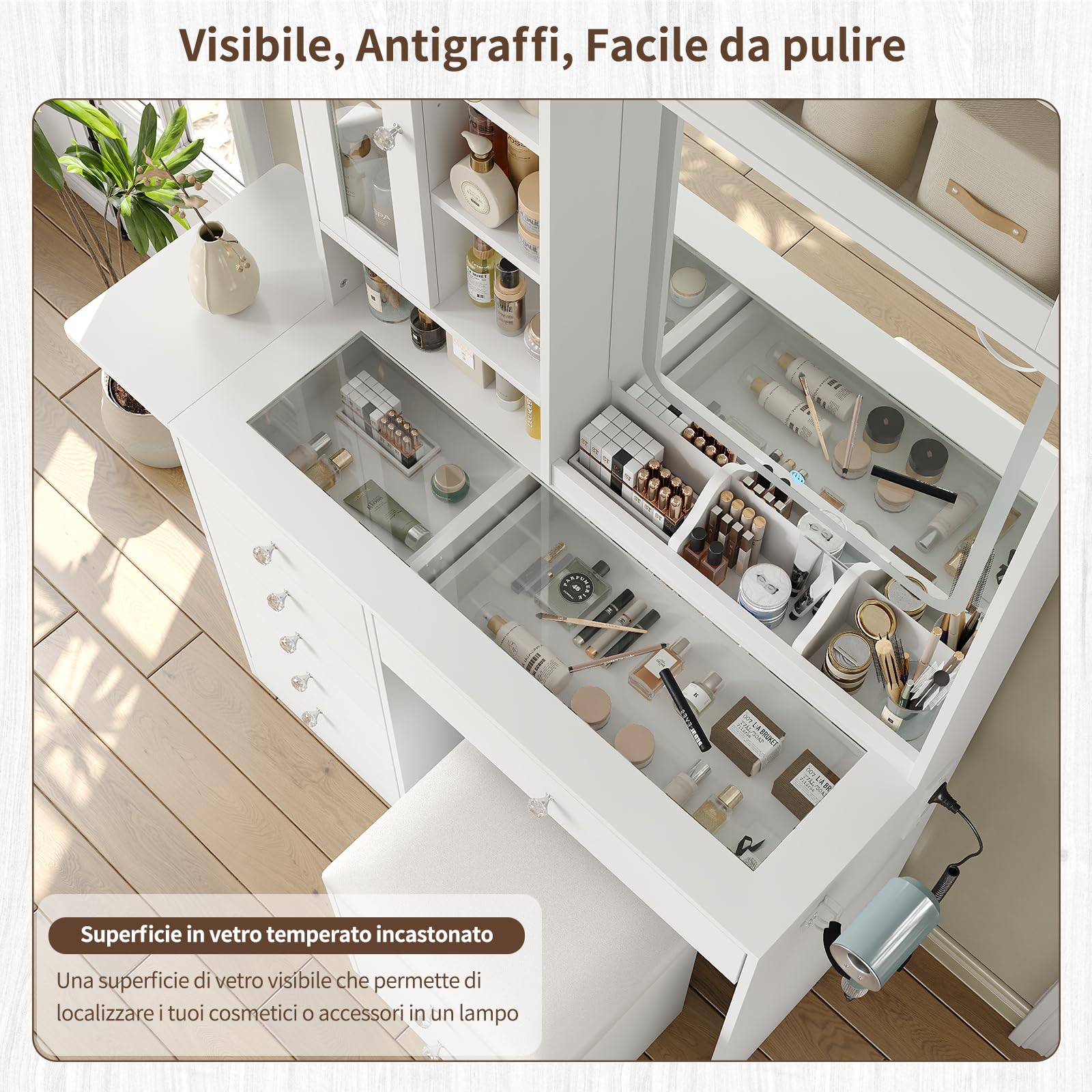 Yanosaku Tavolo da trucco con specchio, con illuminazione LED a tre colori regolabile e prese elettriche, 6 cassetti, 3 armadietti e 7 ripiani aperti, tavolo da trucco bianco con sgabello