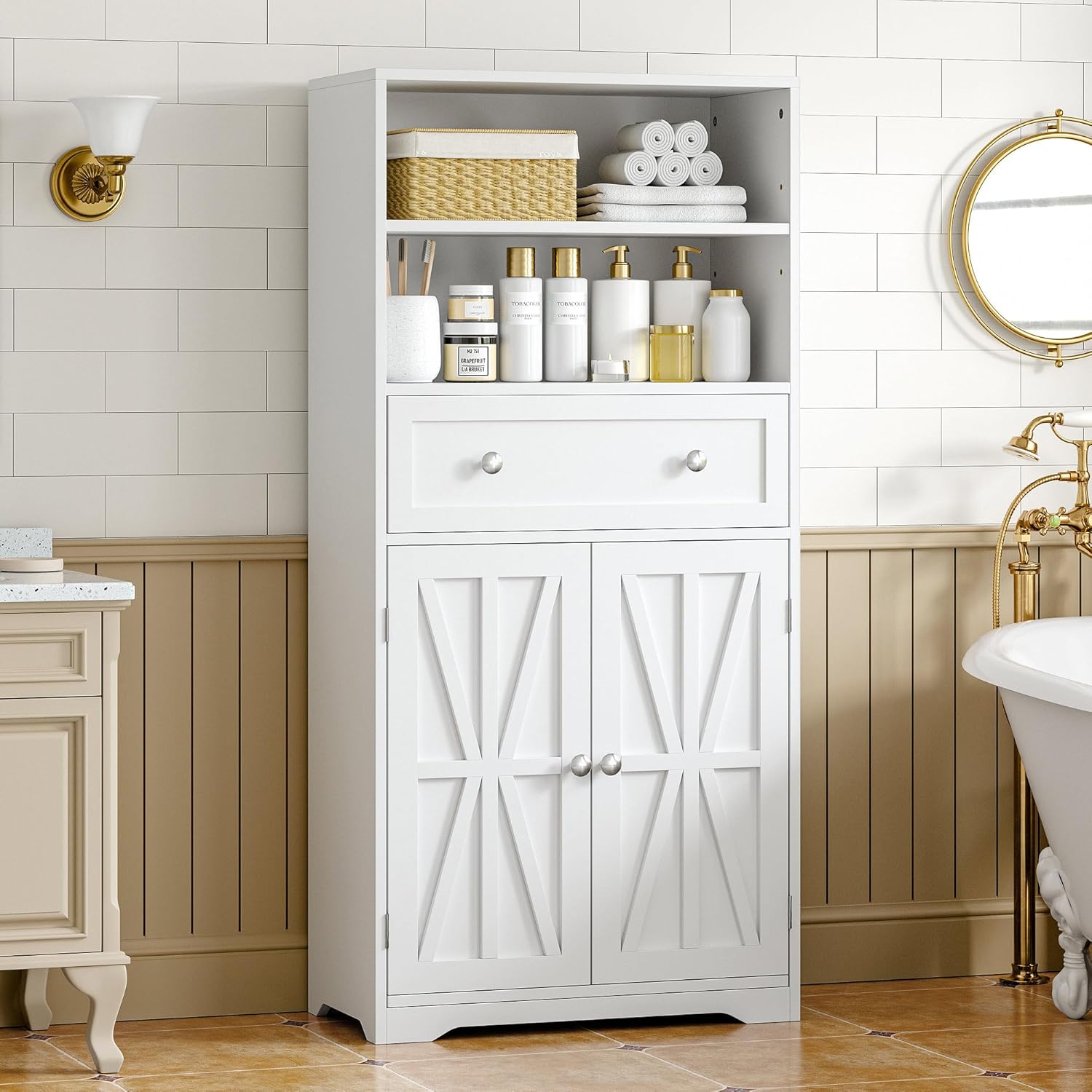 VECELO Bathroom Floor Storage Cabinet with Drawer, Freestanding Storage Unit with Adjustable Shelves, Open Compartments, for Bathroom, Living Room, Kitchen, White