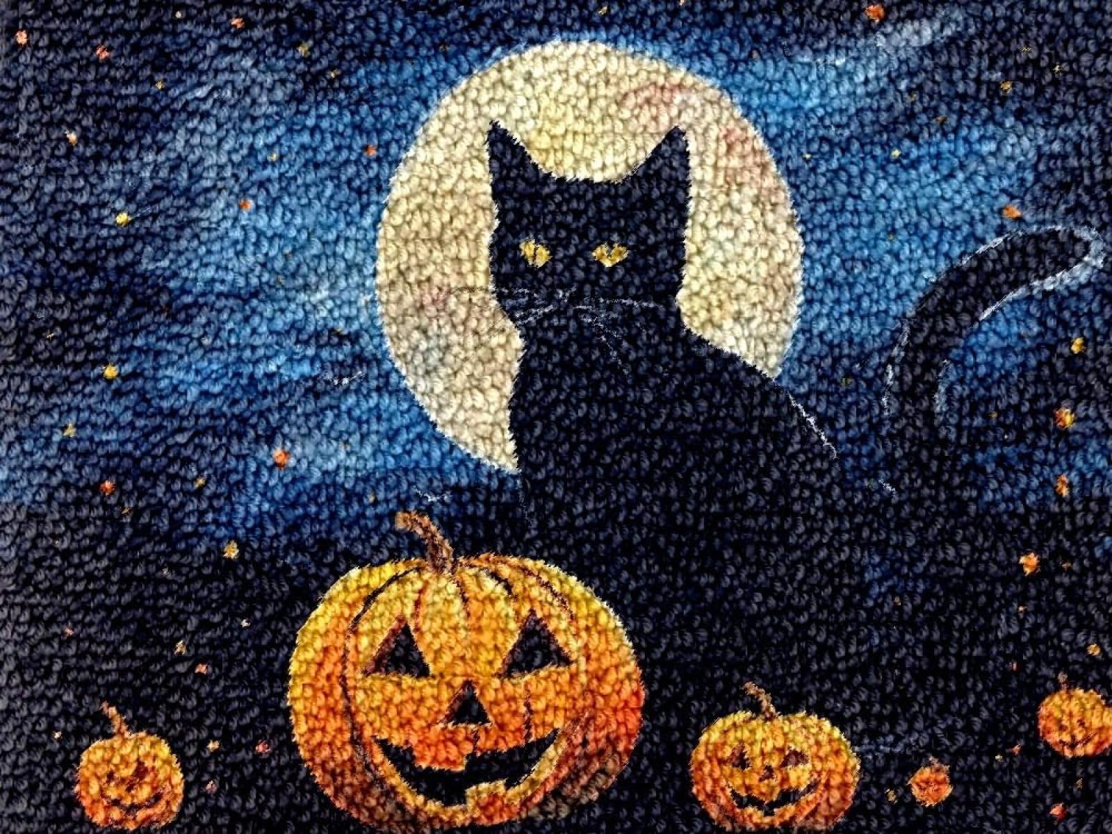 Kit di gancio a fermo per tappeti fai da te, set completo per principianti, adulti e bambini, fabbricazione artigianale di tappeti, ricamo punto croce creativo, gatto di Halloween e zucca, 90 x 120 cm