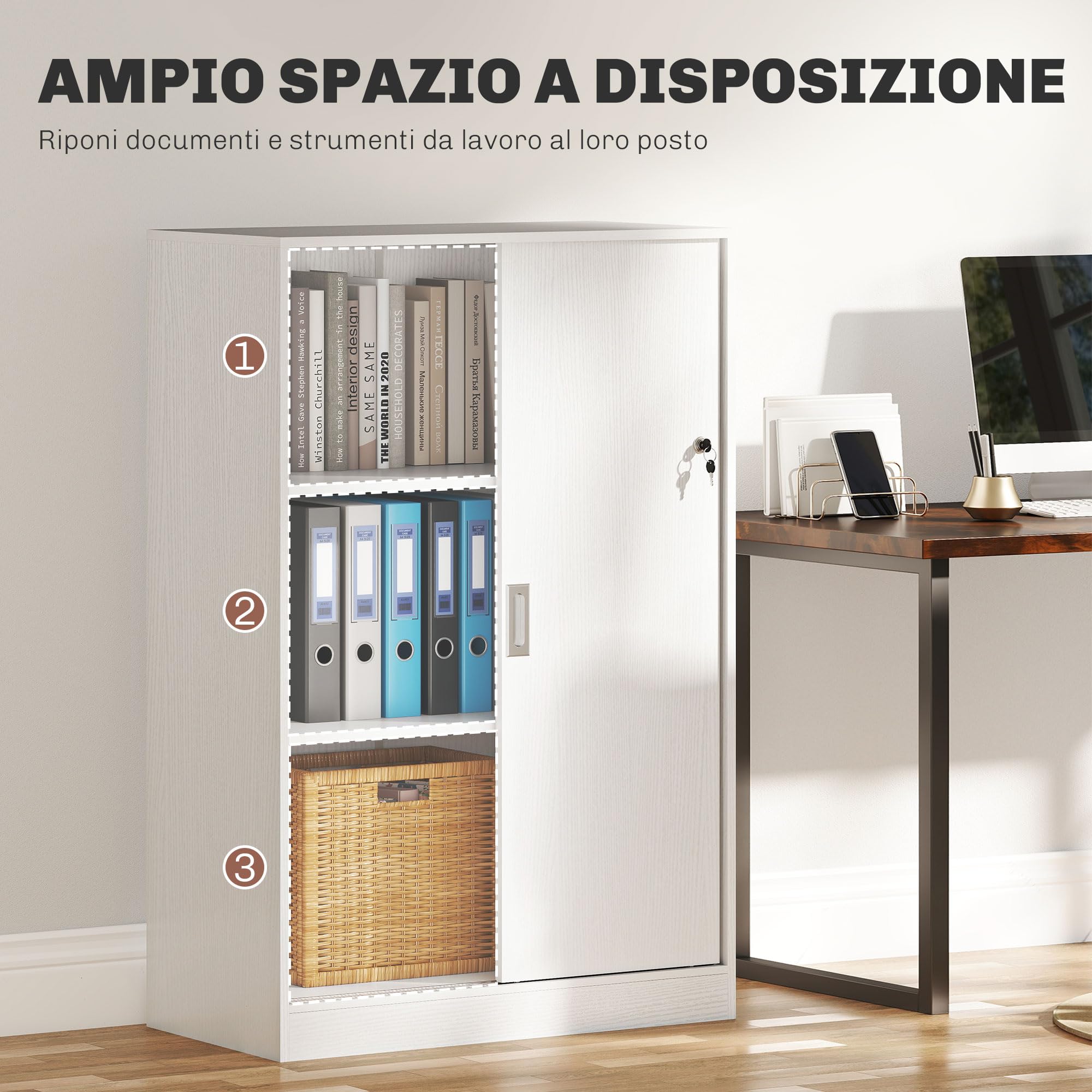 Vinsetto Armadietto da Ufficio a 3 Ripiani con 2 Chiavi di Sicurezza, Mobiletto da Ufficio in Truciolato, 80x40x120 cm, Bianco