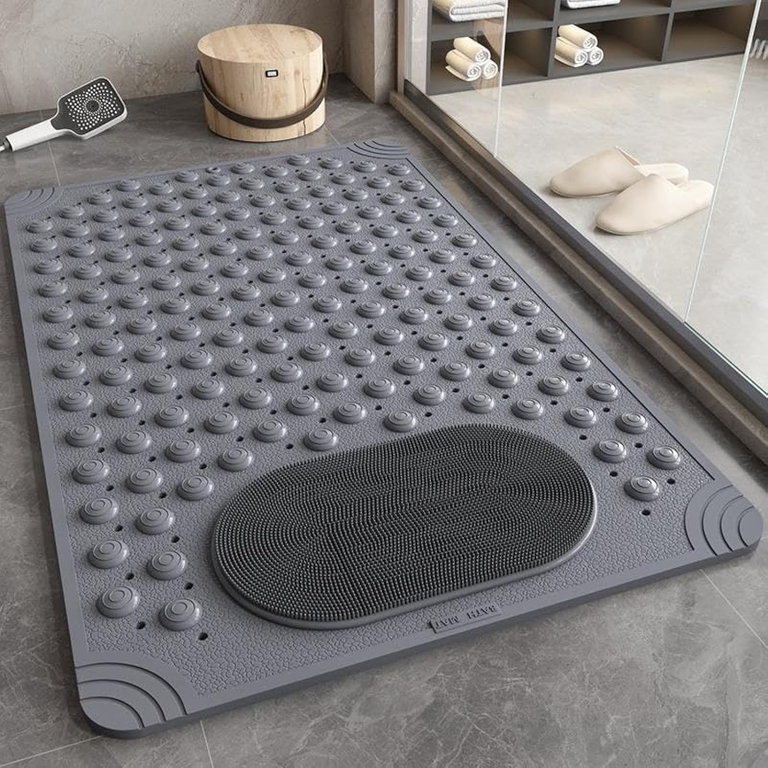 PLATU Quick Drying Feet Massage Bath Mat, Non-Slip Shower Mat with Drain Holes Suction Cups, Machine Washable Tub Shower Mats for Bathroom, 27.6 x 14.2 inches (Grey)
