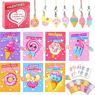 Valentines Day Cards for Kids - 35Pcs Desserts Kids Valentines Cards With Cute Pendants in 7 Different Patterns, Perfect Valentines Day Gift Cards for Kids Classroom Exchange, School Party Favors