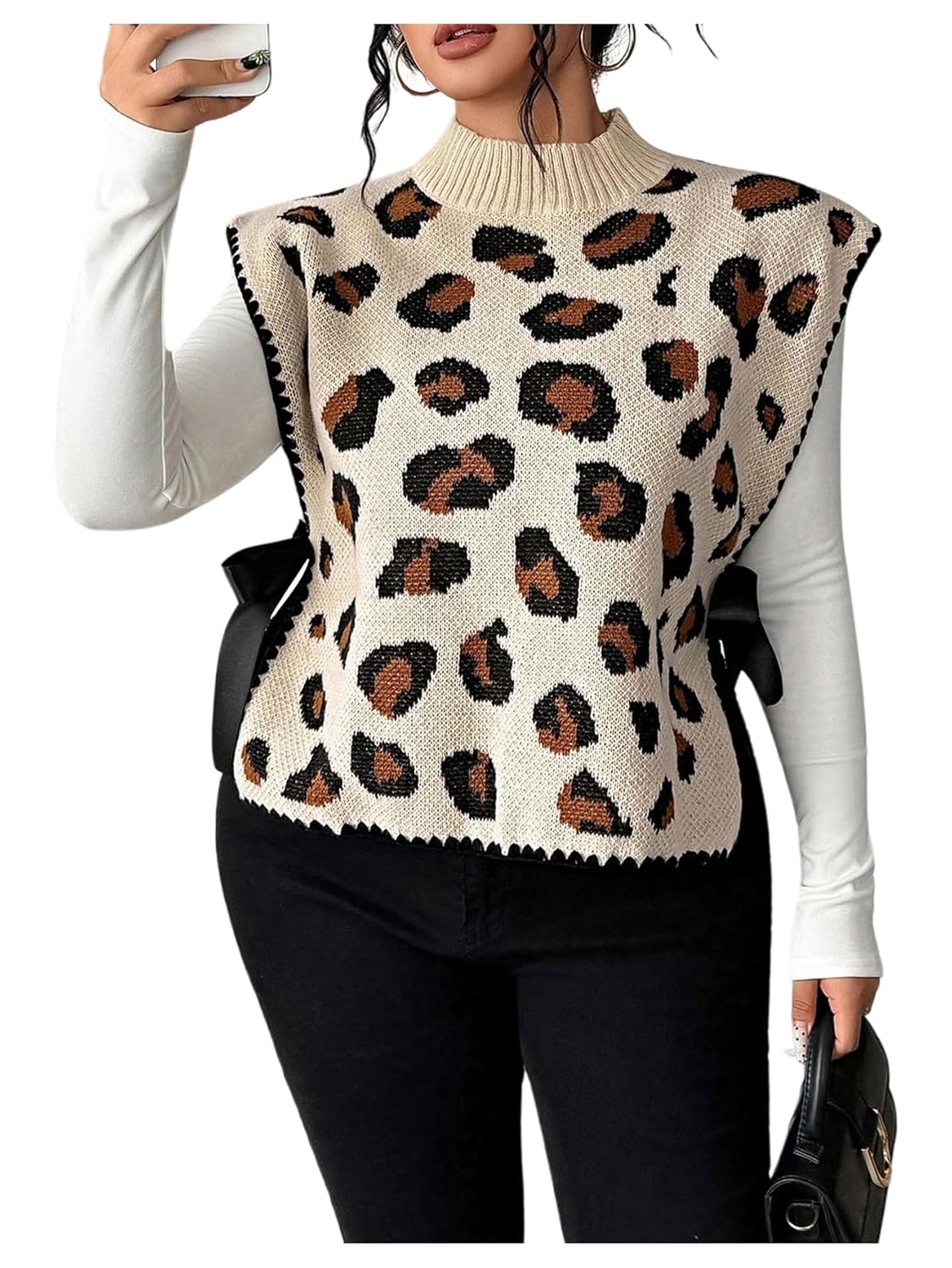 Milumia Womens Plus Size Leopard Print Mock Neck Sweater Vest Bow Tie Side Sleeveless Knit Tank Tops