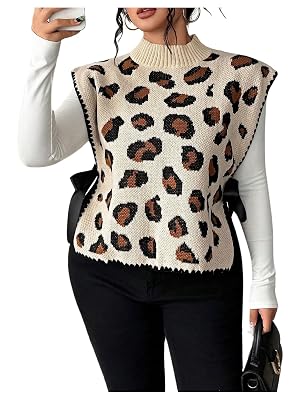 Milumia Womens Plus Size Leopard Print Mock Neck Sweater Vest Bow Tie Side Sleeveless Knit Tank Tops