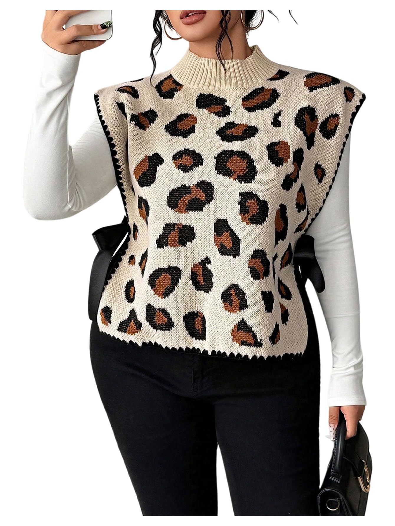 Milumia Womens Plus Size Leopard Print Mock Neck Sweater Vest Bow Tie Side Sleeveless Knit Tank Tops