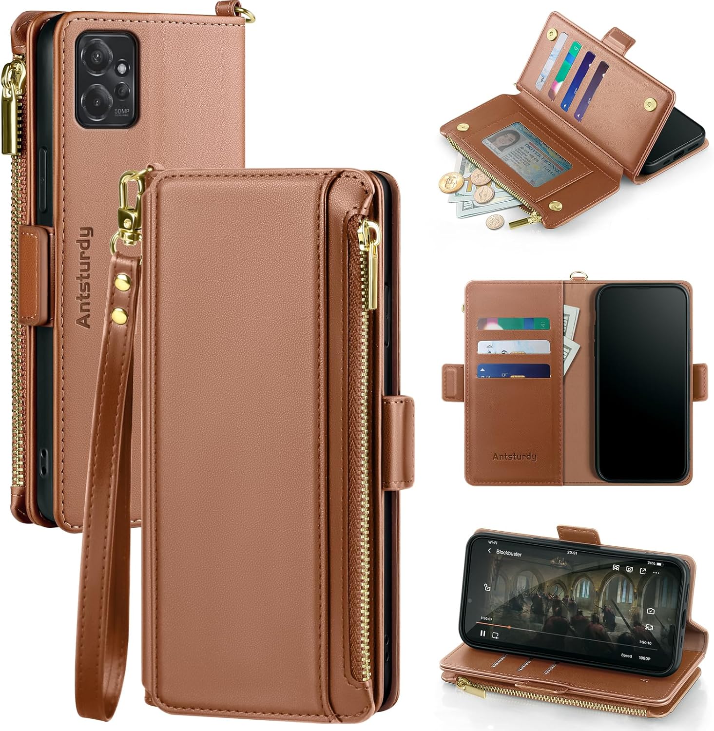 Antsturdy Compatible with Motorola Moto G Power 5G 2023 Wallet Case with Card Holder,Women Men PU Leather Flip Phone Case RFID Blocking Stand Wrist Strap Zipper Credit Card Slots,Light Brown