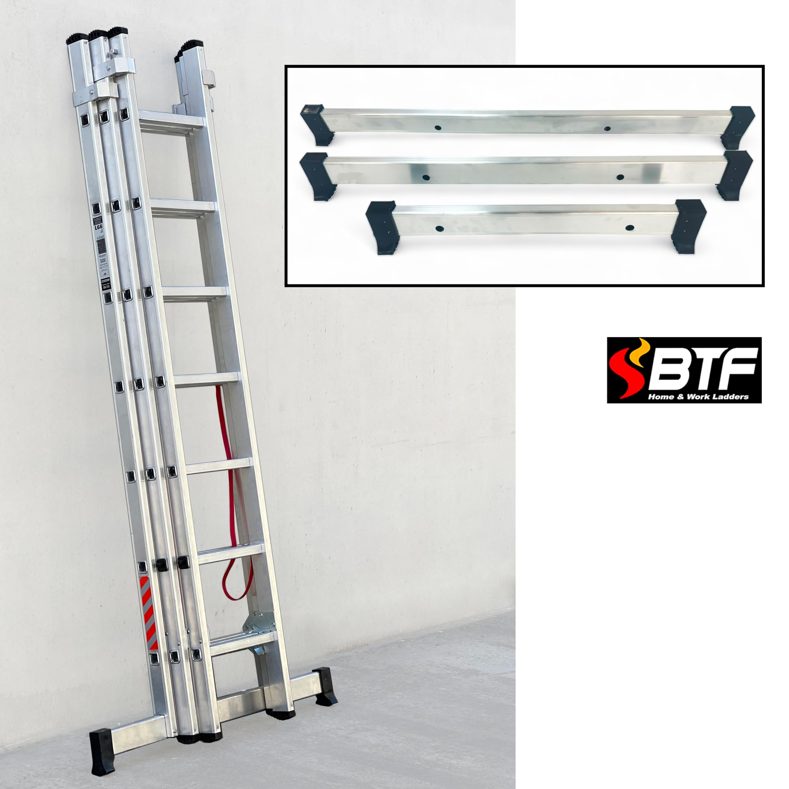 BTF | Base Estabilizadora Escaleras Industriales 110 cm de Largo, Perfil 65x25 mm | Distancia Entre Agujeros 435 ± 5 mm | 2 o 3 tramos por Encima de los 3,0 Metros de Alto. BTF-BEST110
