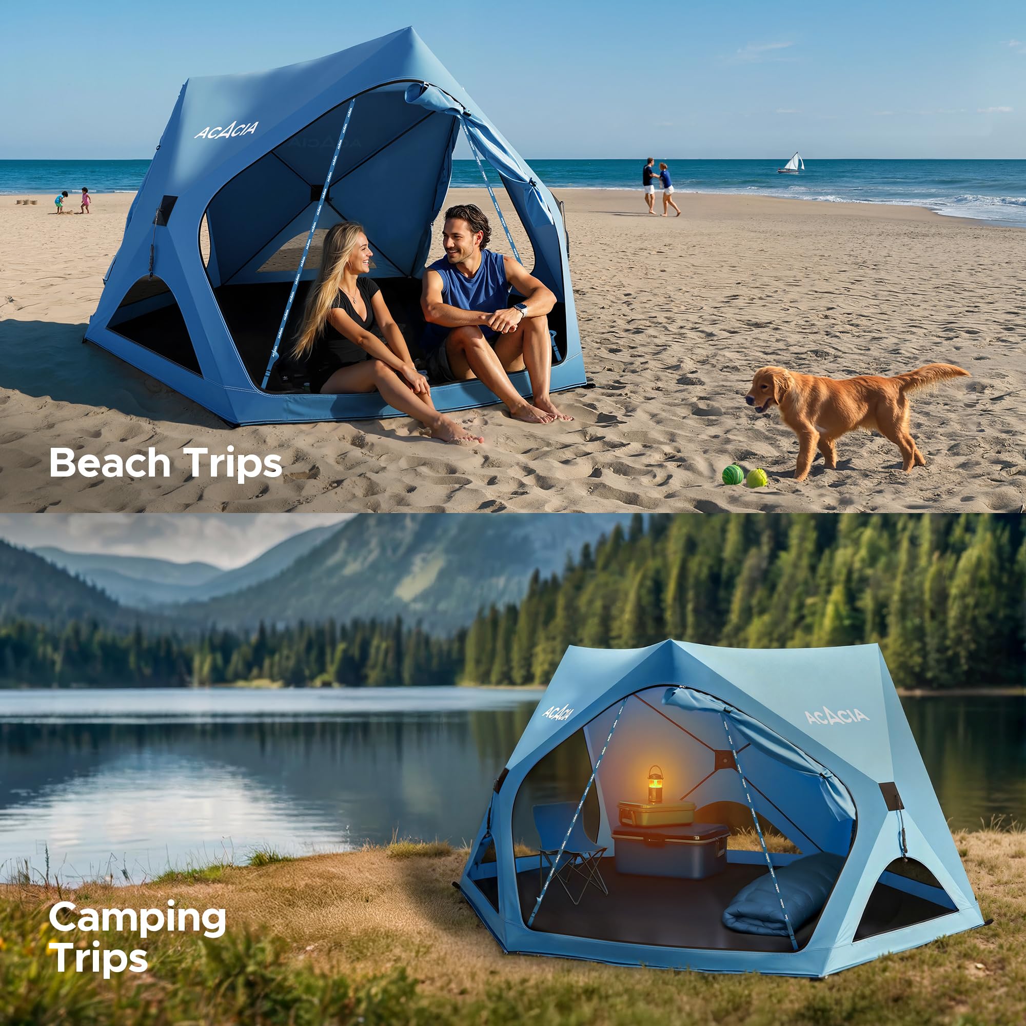 ACACIA Tente de Plage Pop-up pour 4 Personnes avec Protection UPF 50+, Pare-Soleil Facile à Installer, Pare-Soleil d'intimité de 24 x 23 m pour la Plage, Le Camping et Le Jardin