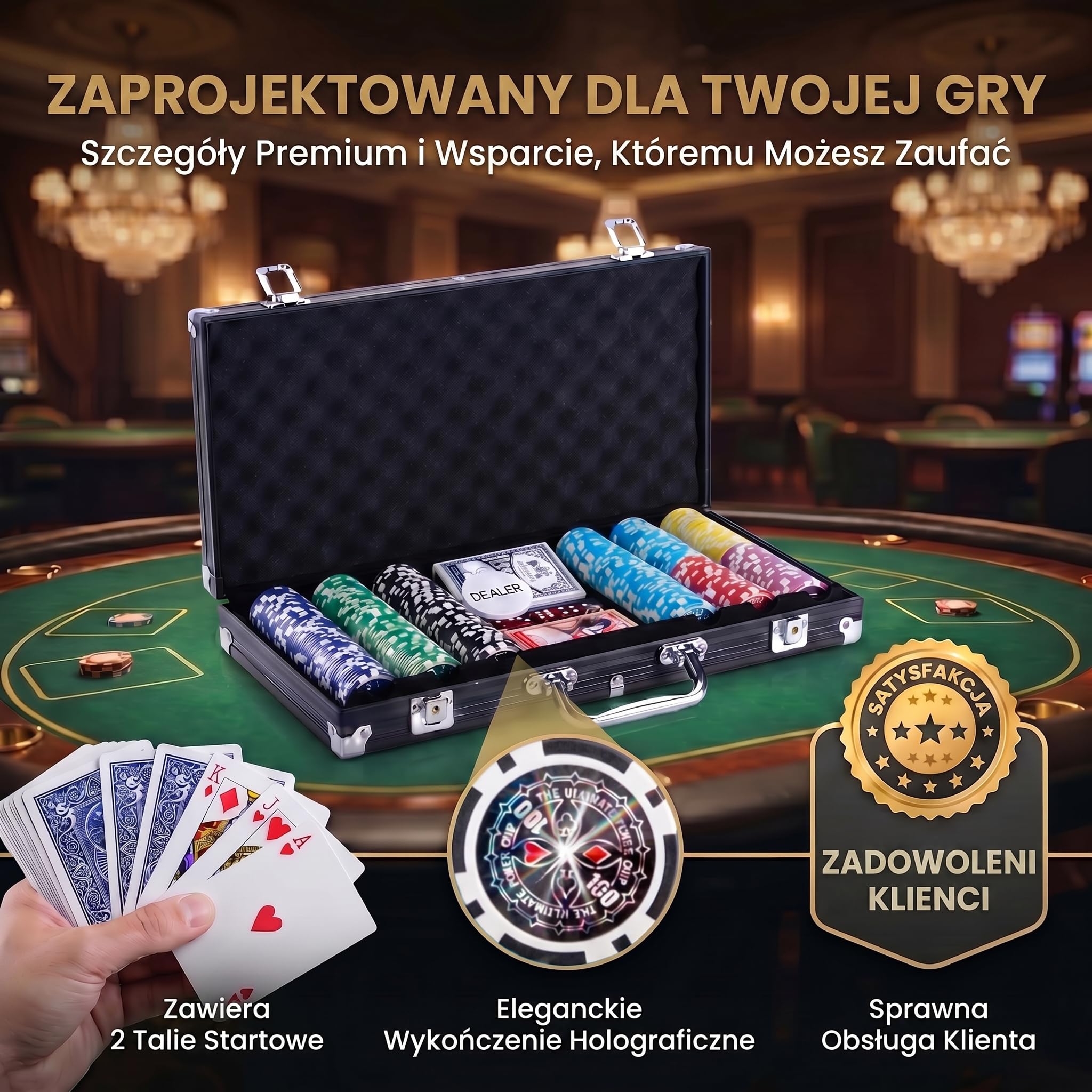 Profesjonalny zestaw do pokera z walizką zawierającą 300-500 żetonów; wysokiej jakości żetony do pokera; talia do pokera, talia kart, karty do pokera, kości, przycisk krupiera (Czarny, 300 żetony)
