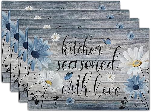 Miniatura 31 de Juego de 4 manteles individuales de primavera, diseño de pájaros azules, flores, flores, estación, primavera, floral, lavable, rústico, decoración