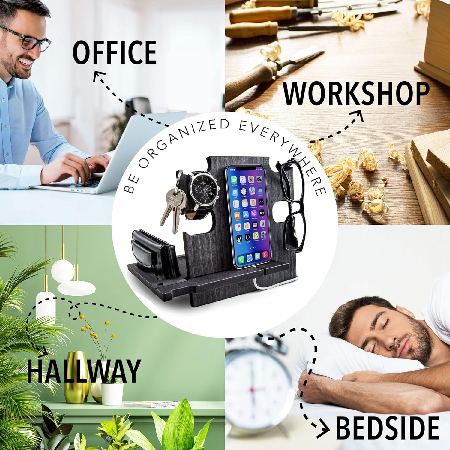 Wood Phone Docking Station for Men, Mens Charging Station and Organizer, Nightstand Organizer Charging Station, Men's Gifts for Birthday, Christmas Ideas for Men