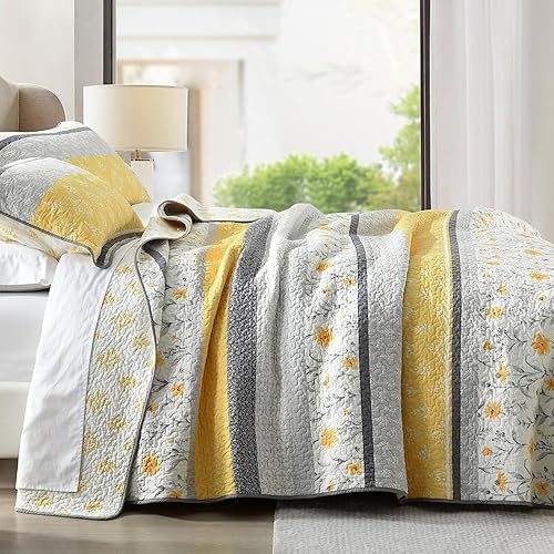 Miniatura 1 de PANGUSHAN Juego de edredón de 100 % algodón, tamaño King, juego de ropa de cama tamaño King, reversible, floral, color amarillo, colcha acolchada,