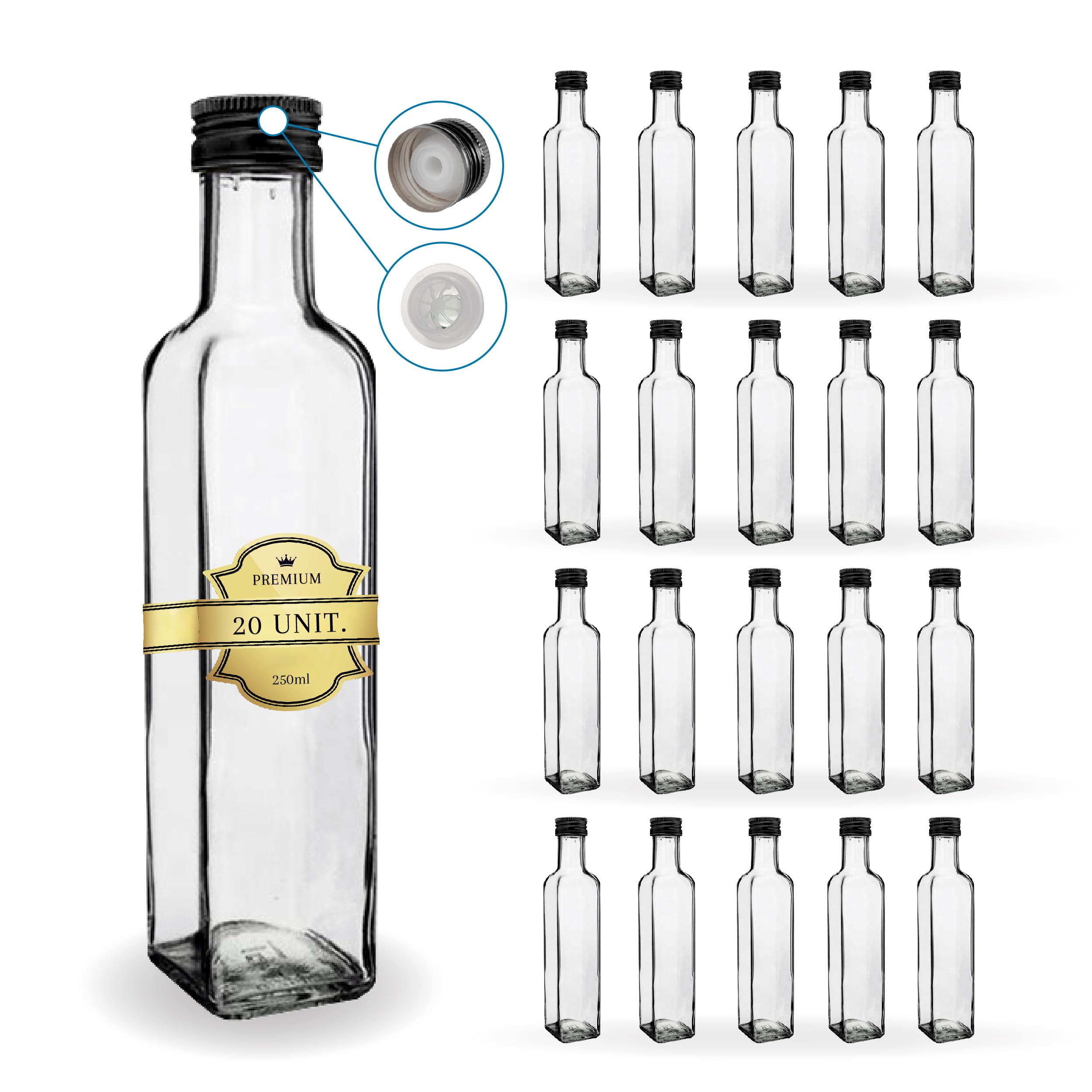 Espirito Rebelde 20 bottiglie in vetro da 500 ml con tappo a vite dorato + 20 scatole | Olio d'oliva, aceto, alcool | Oliera in vetro