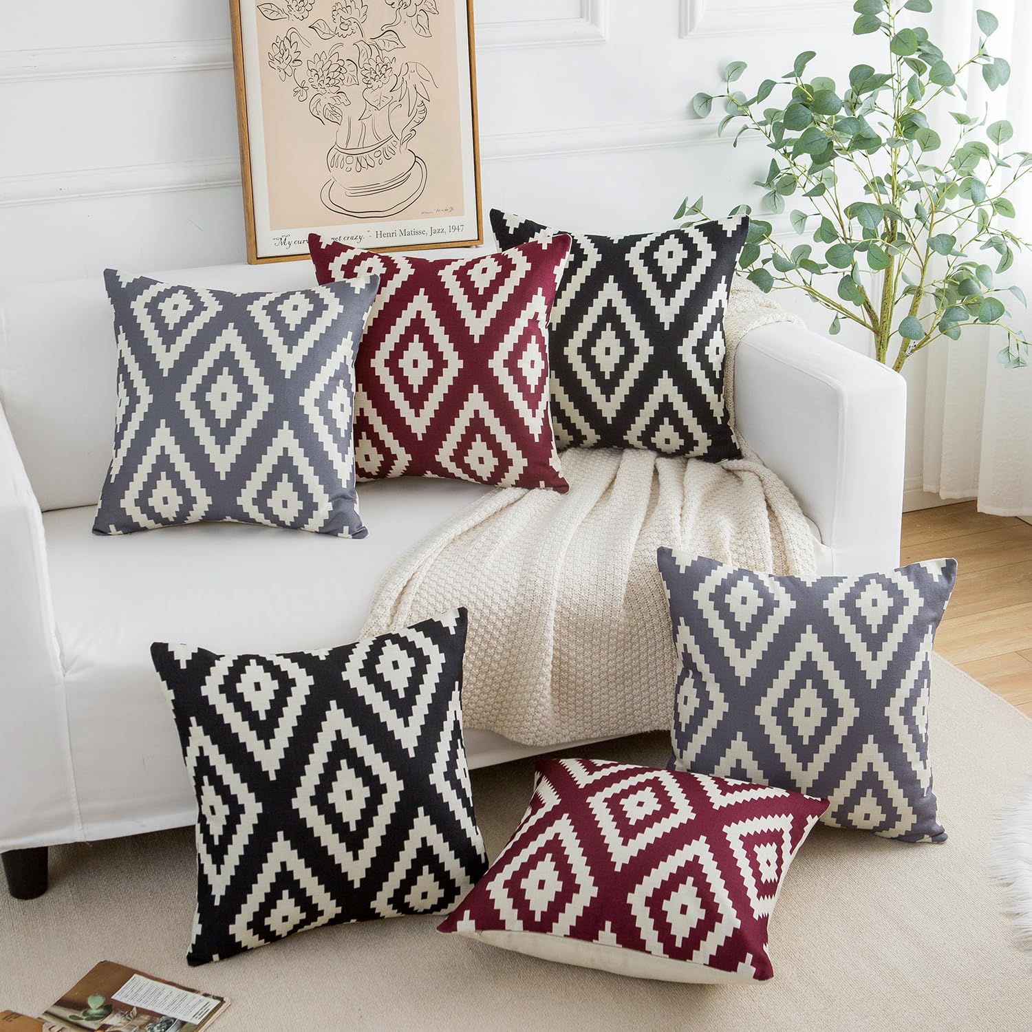 Federe Per Cuscini Divano 45x45 Cm Set Di 4: Motivi Geometrici Verde E Bianco, In Cotone Lino, Con Cerniera Nascosta.