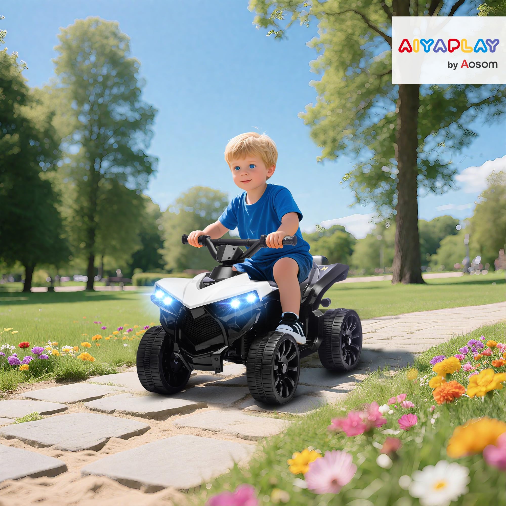 AIYAPLAY Quad Elettrico per Bambini ATV con Batteria Ricaricabile 6V, Moto per Bambini con Fari LED e Musica, per Interni ed Esterni, Età 37-72 Mesi, Bianco
