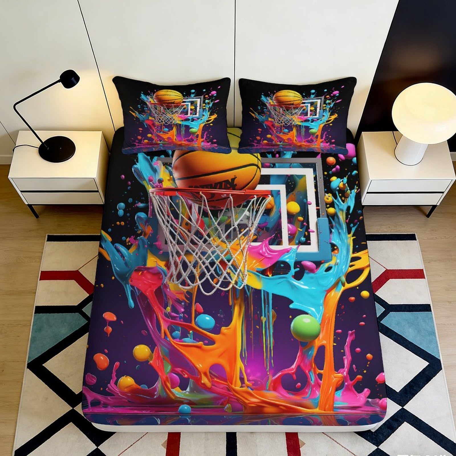 3D Printed Splash Basketball Fitted Sheet Microfiber Colorful Graffiti Mattress Cover for Bedroom Dorm Decor 90x200x25cm