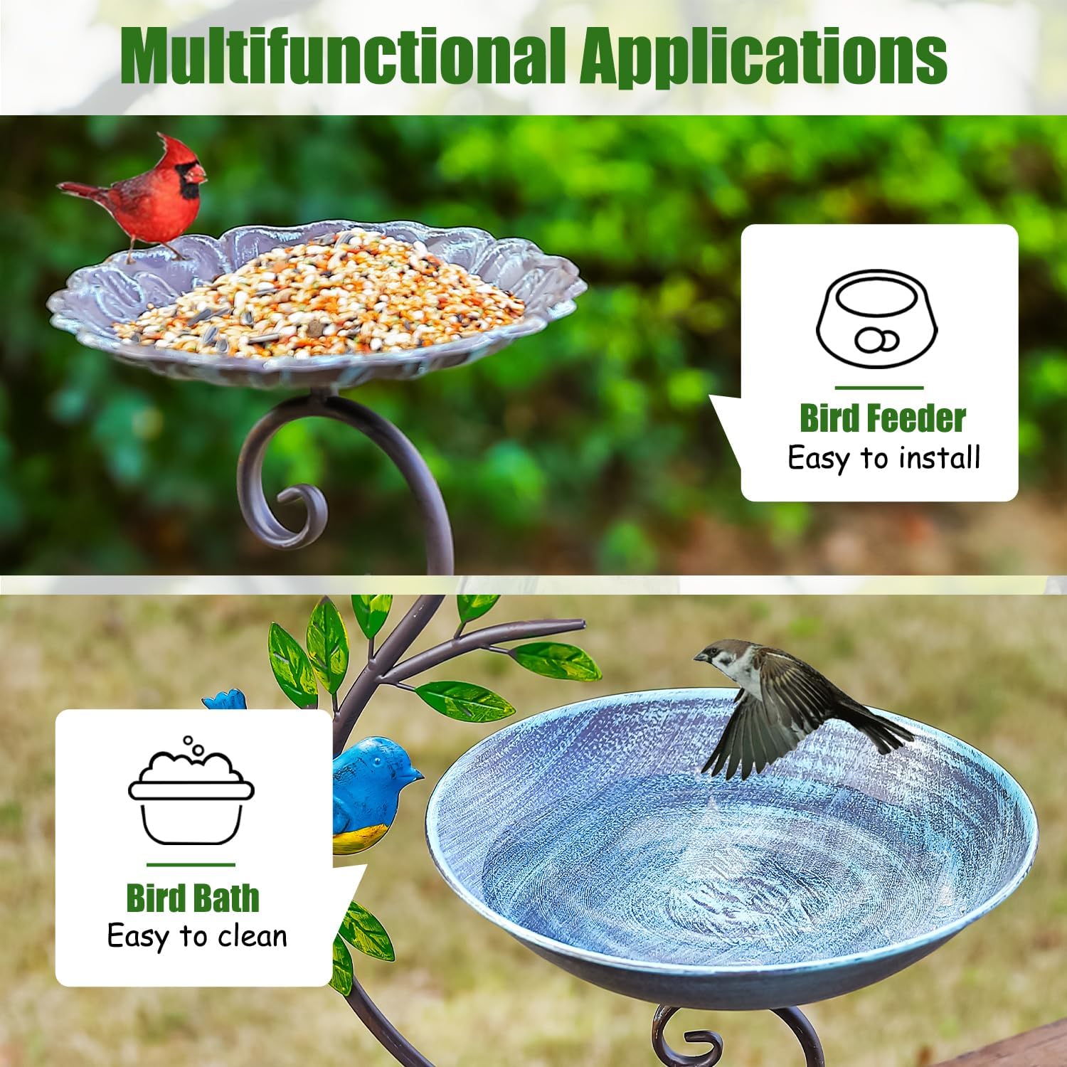 Deck Mounted Bird Feeder and Bath for Railing, Balcony 2-in-1 Outdoor Metal Birdbaths, Adjustable Heavy Duty Clamp for Porch Garden Decor Yard Lawn