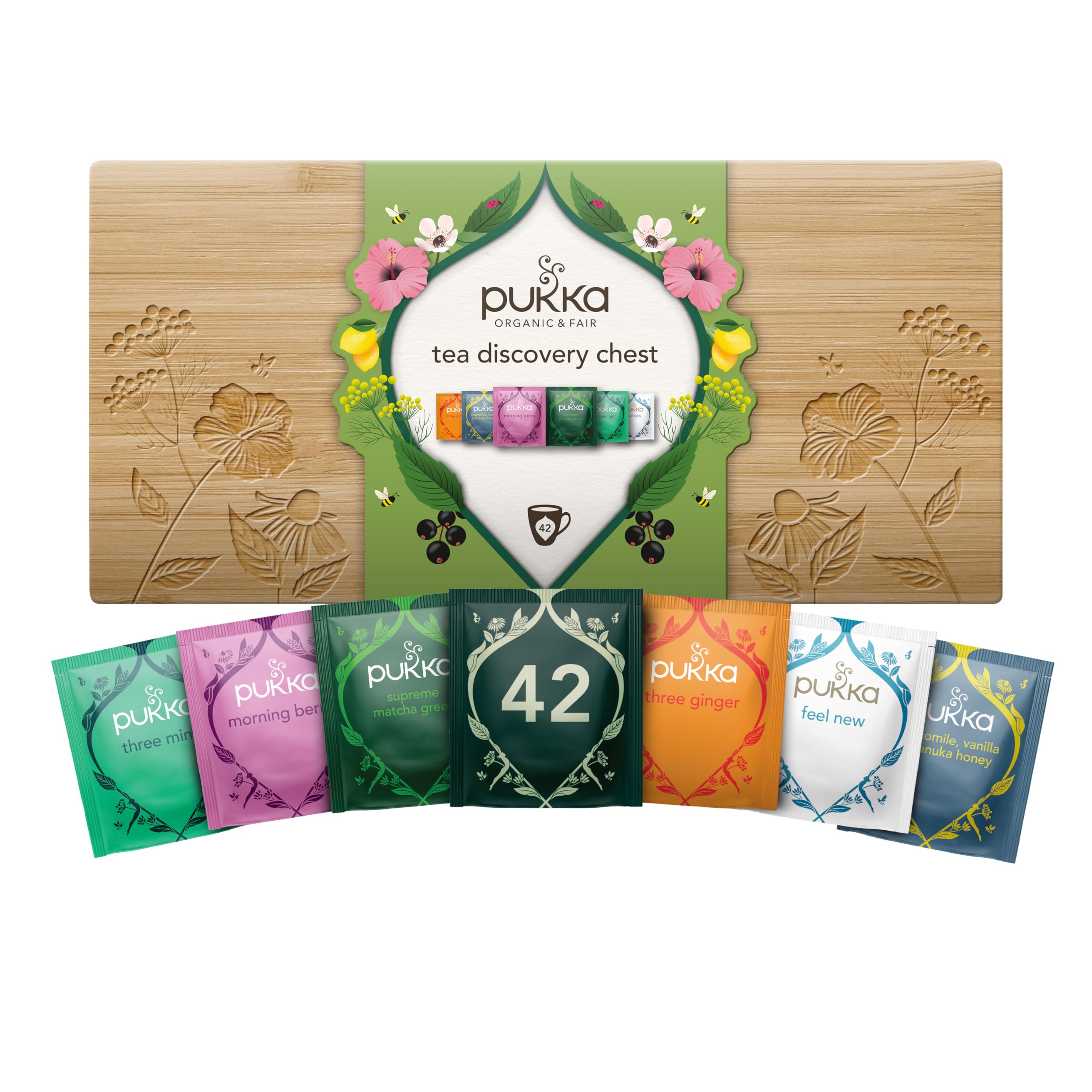 Pukka Coffret Découverte en Bambou, Idée Cadeau Femme et Homme, Coffret Cadeau Tisanes, Cadeau Thé 100% Bio Saint Valentin, Anniversaire, 6 Saveurs, Matcha, Gingembre, Menthe, 42 Sachets