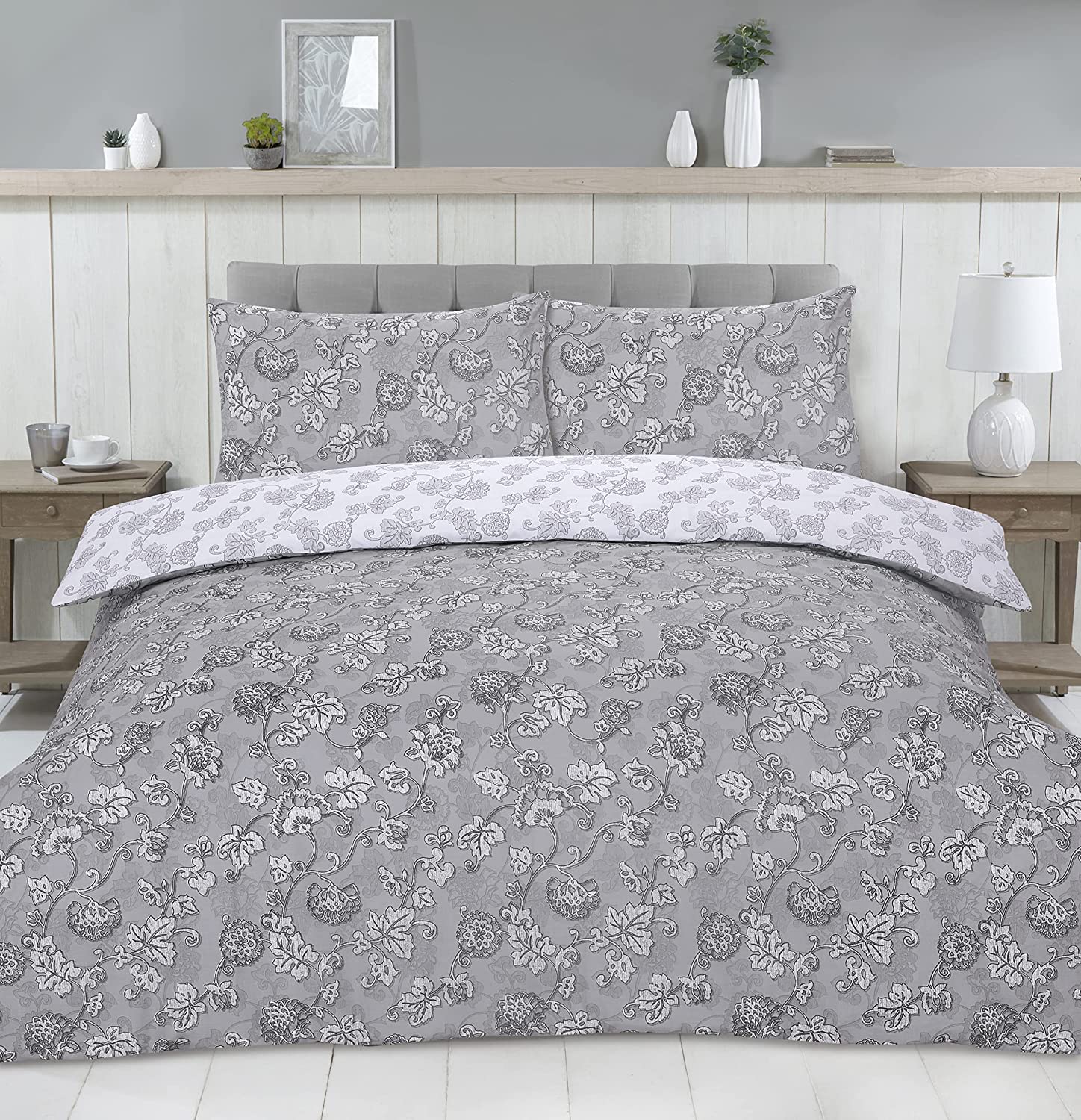 Night Comfort Grape Leaves - Grey Double Bedding Duvet Set – Modern Printed Polycotton Duvet Cover With 2 Pillowcovers – Easy Care Bedding Set