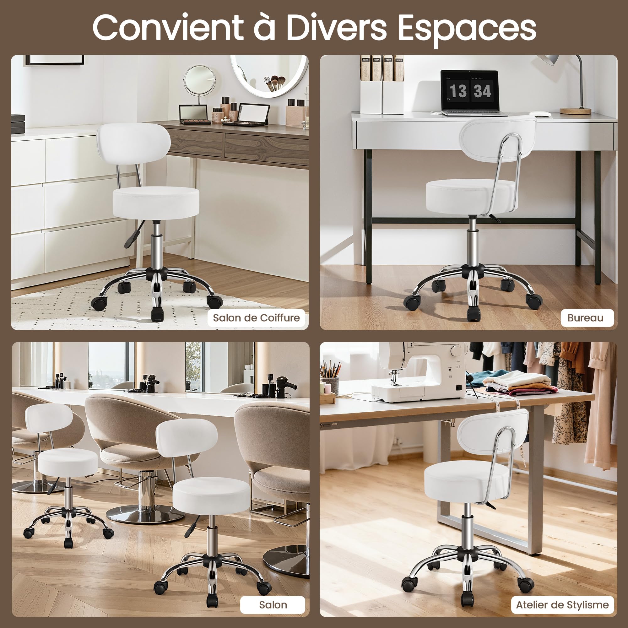Tabouret de Bureau avec Dossier, Rotation 360°, Hauteur Réglable 75-84 cm, Siège Rembourrage 10 cm, Blanc