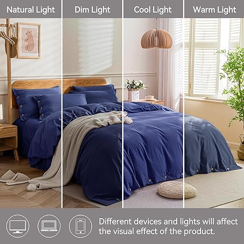 Miniatura 9 de JELLYMONI Funda de edredón azul marino, tamaño California King, funda de edredón 100% algodón lavado con textura similar al lino, juego de cama de 3