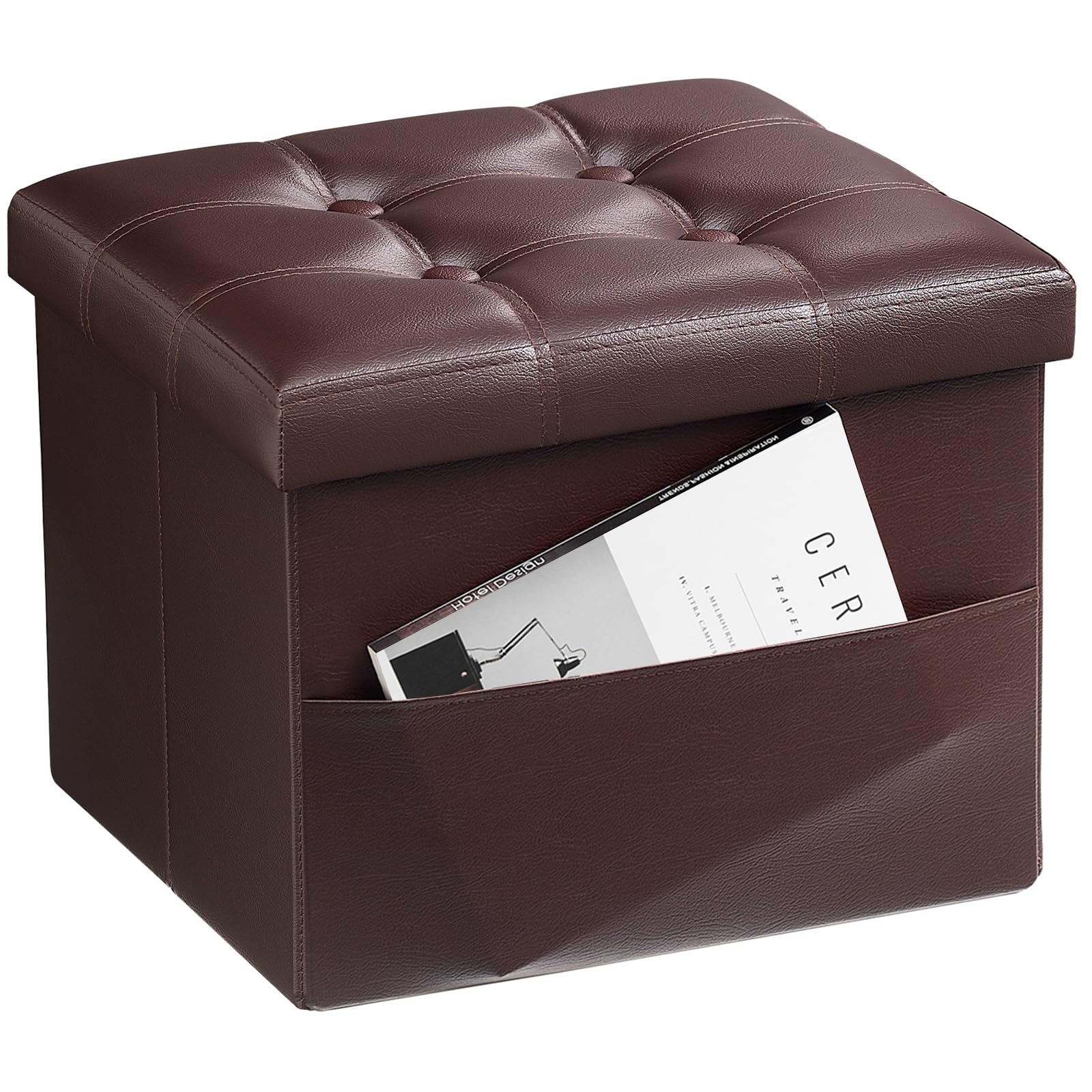 FujDun® Folding Storage Ottoman Foot Rest Footstool with Side Pocket,Foot Rest for Couch, Leather Ottoman Seat for Living Room Bedroom,Padded with Thick Sponge,16X12X12in Brown