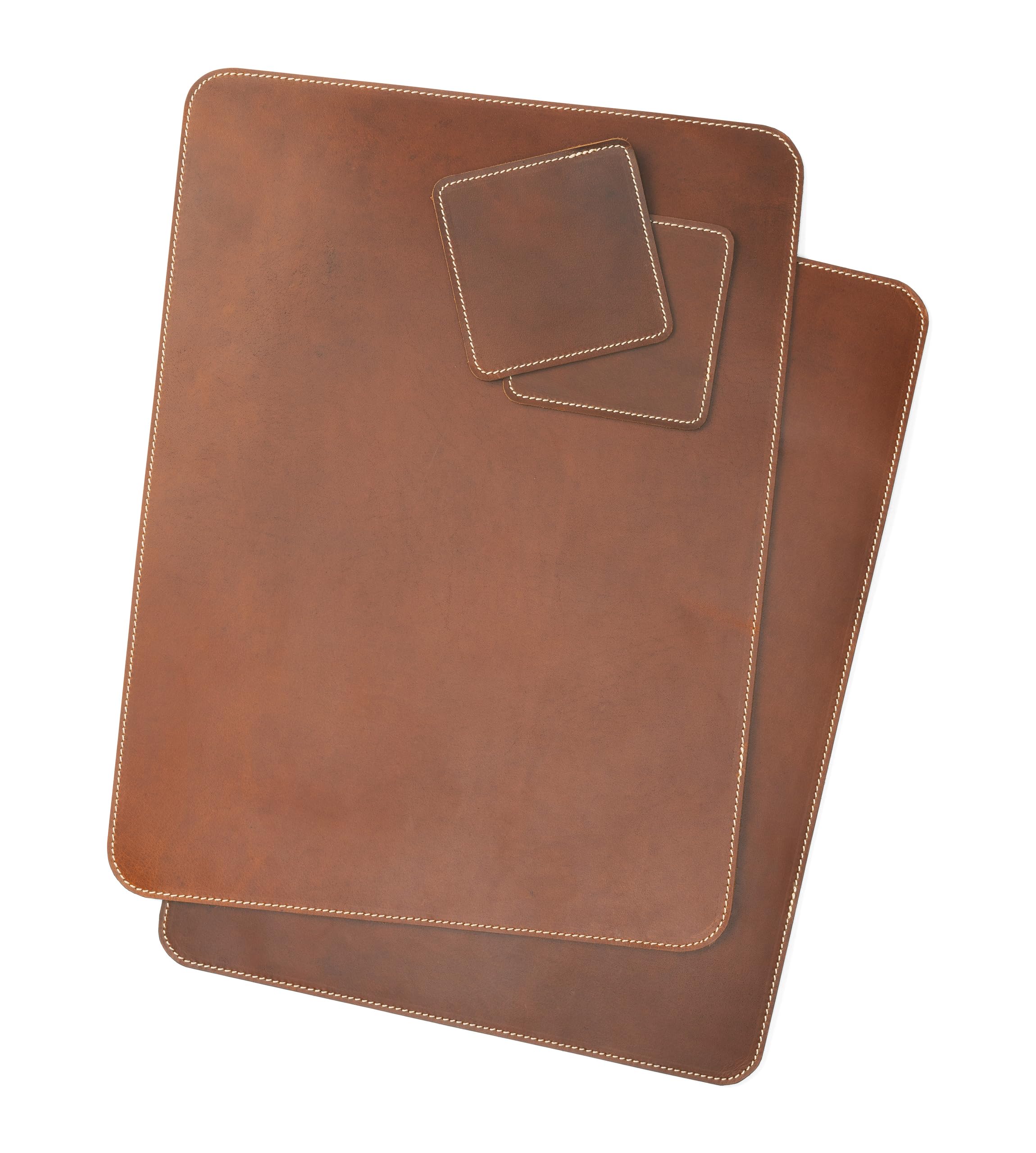 Angus Stoke Premium Echt-Leder-Tischset inkl. Untersetzer – Platzset aus hochwertigem Büffelleder mit Ziernaht abwischbar (4X Set Dunkelbraun) Küche, Haushalt & Wohnen