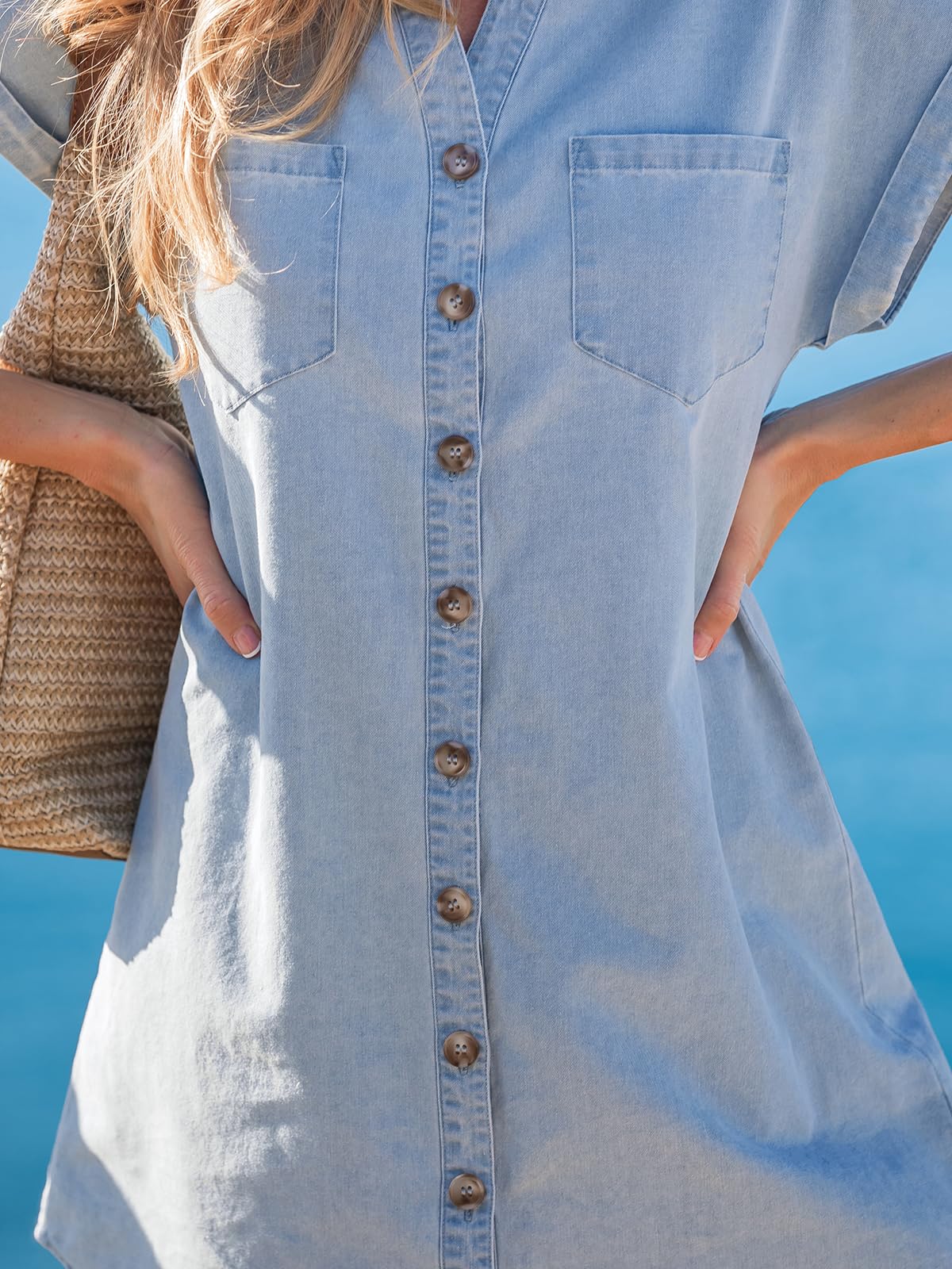CUPSHE Damen Sommerkleid Jeanskleid Kurzarm Knopfleiste Tunika Minikleid